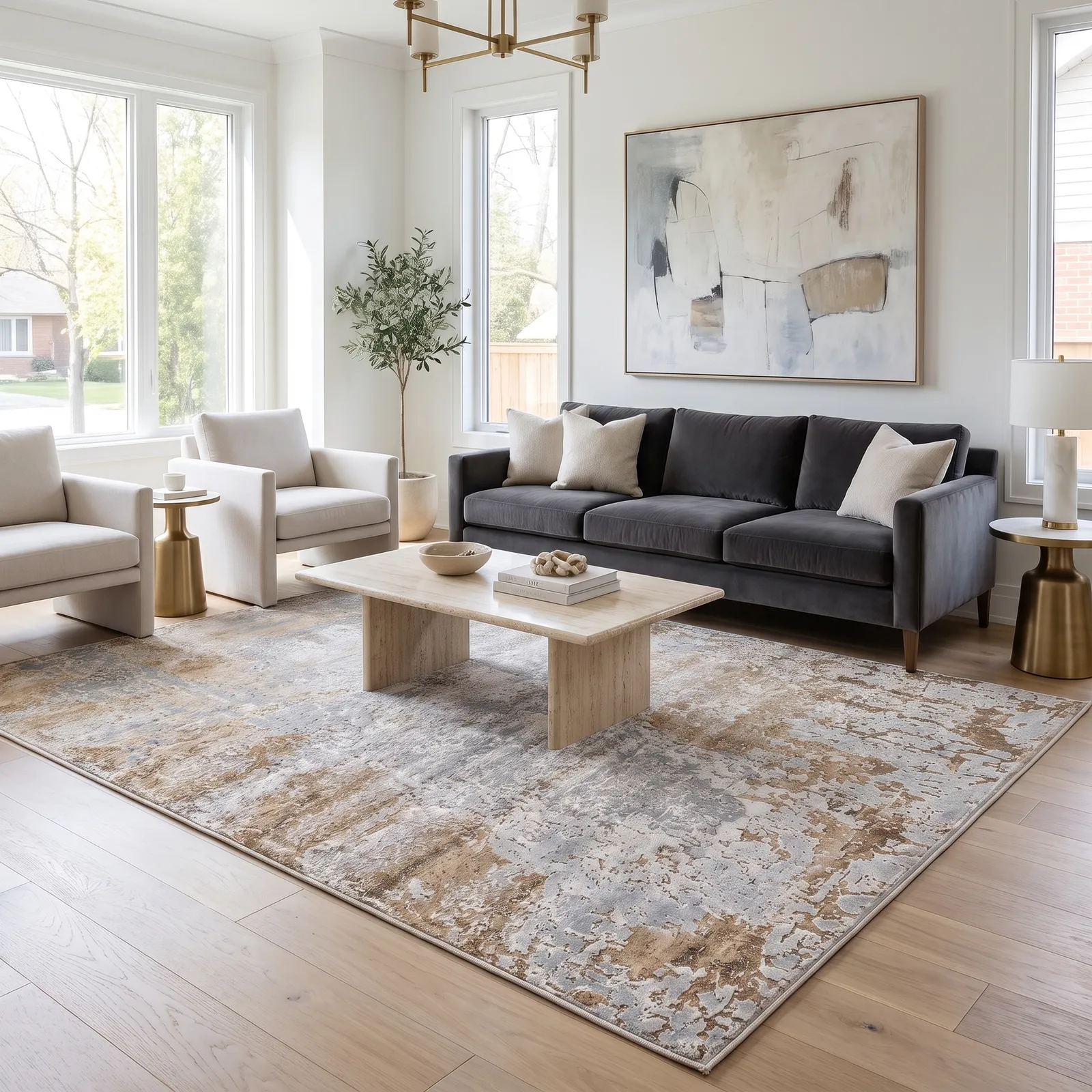 Alfombra abstracta Bruson 11 XL, Hueso, gris y beige, grosor 2 cm, reverso de yute (200*290cm)