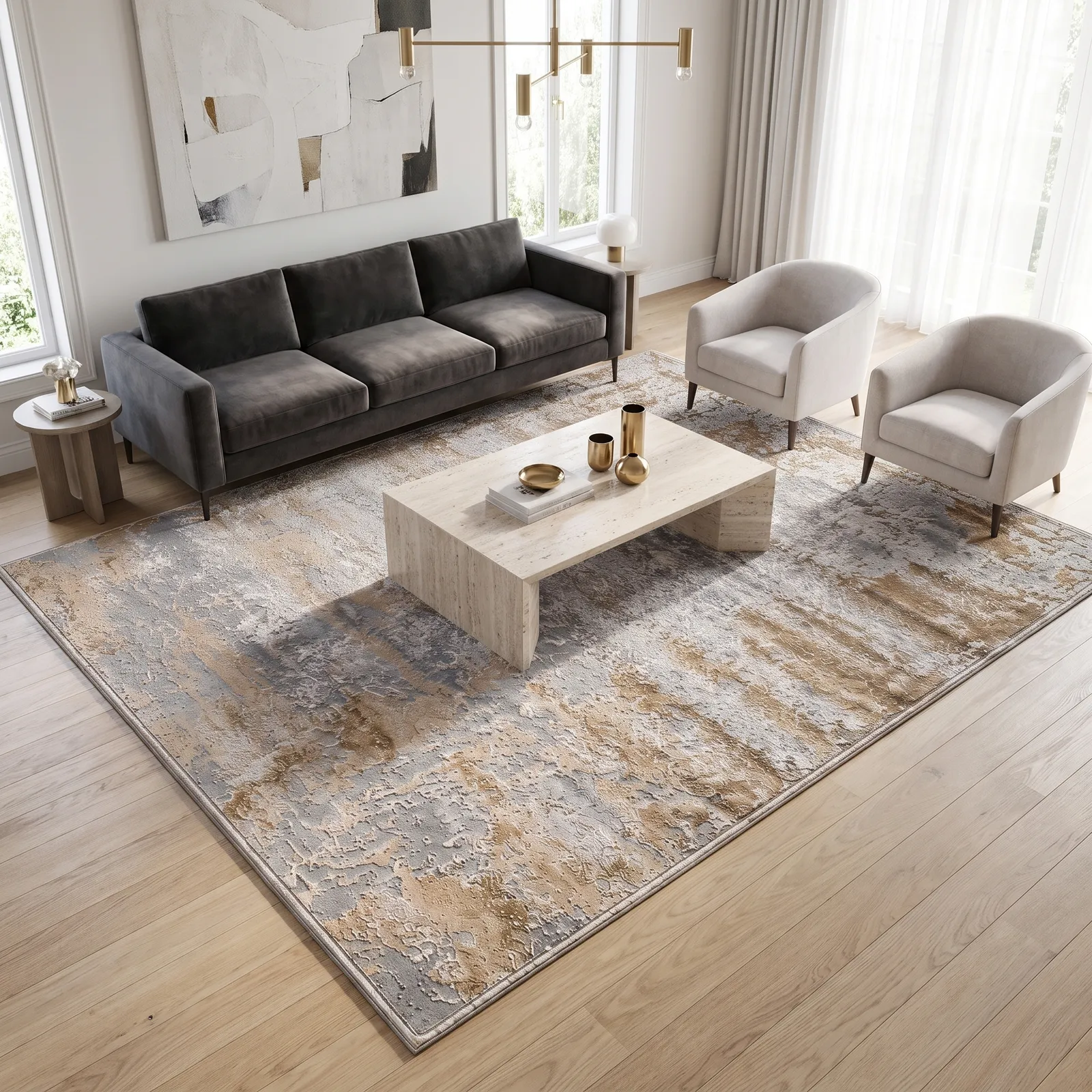 Alfombra abstracta Bruson 11 extra grande, Hueso, gris y beige, grosor 2 cm, reverso de yute (300*400cm)
