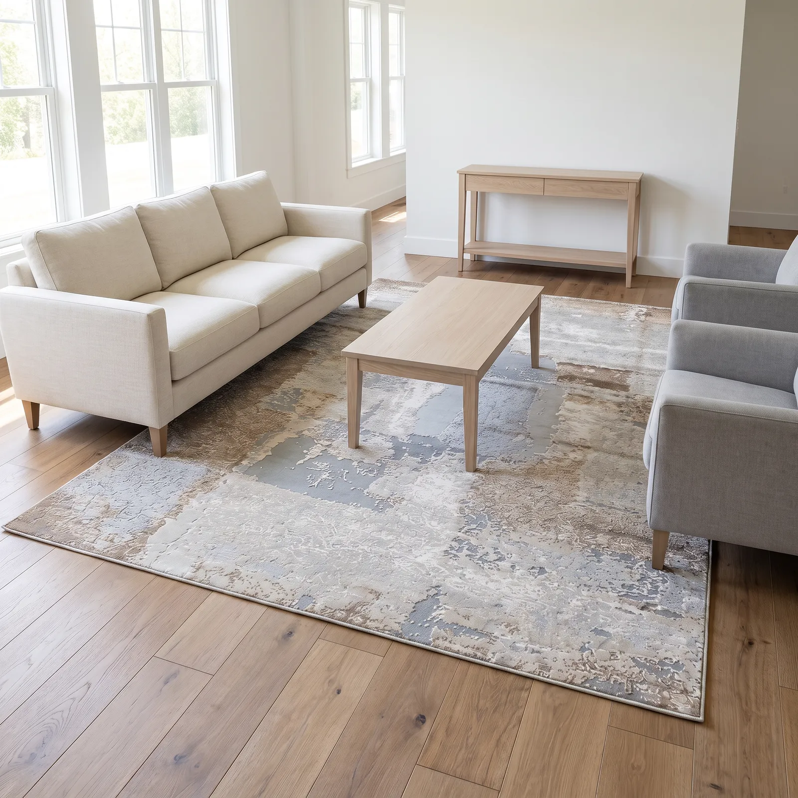 Alfombra abstracta Bruson 03 XL, Beige, gris y café, grosor 2 cm, reverso de yute (240*340cm)