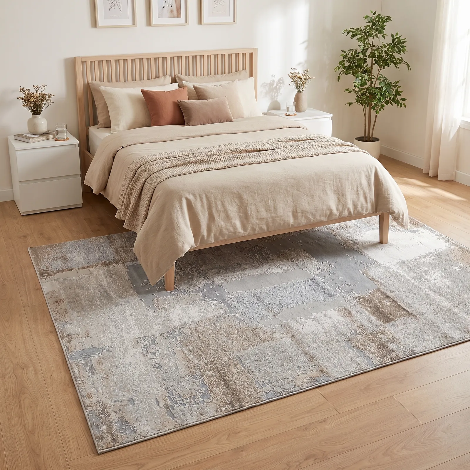 Alfombra abstracta Bruson 03 XL, Beige, gris y café, grosor 2 cm, reverso de yute (240*340cm)