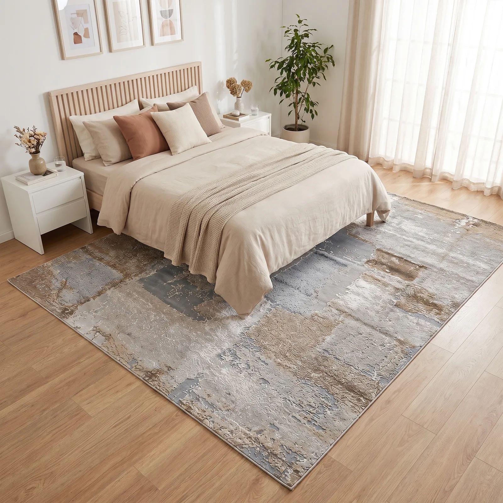 Alfombra abstracta Bruson 03 extra grande, Beige, gris y café, grosor 2 cm, reverso de yute (300*400cm)