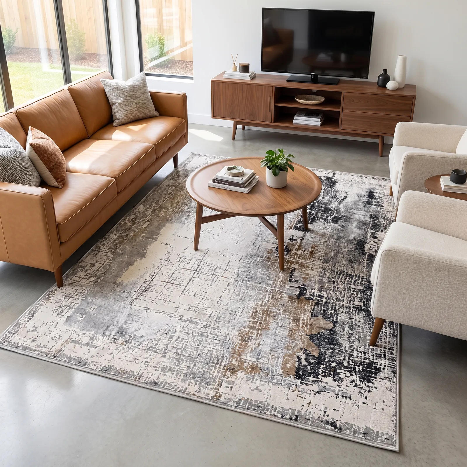 Alfombra abstracta Bruselas 01, Hueso, gris y terracota, grosor 2 cm, reverso de yute (160*230cm)