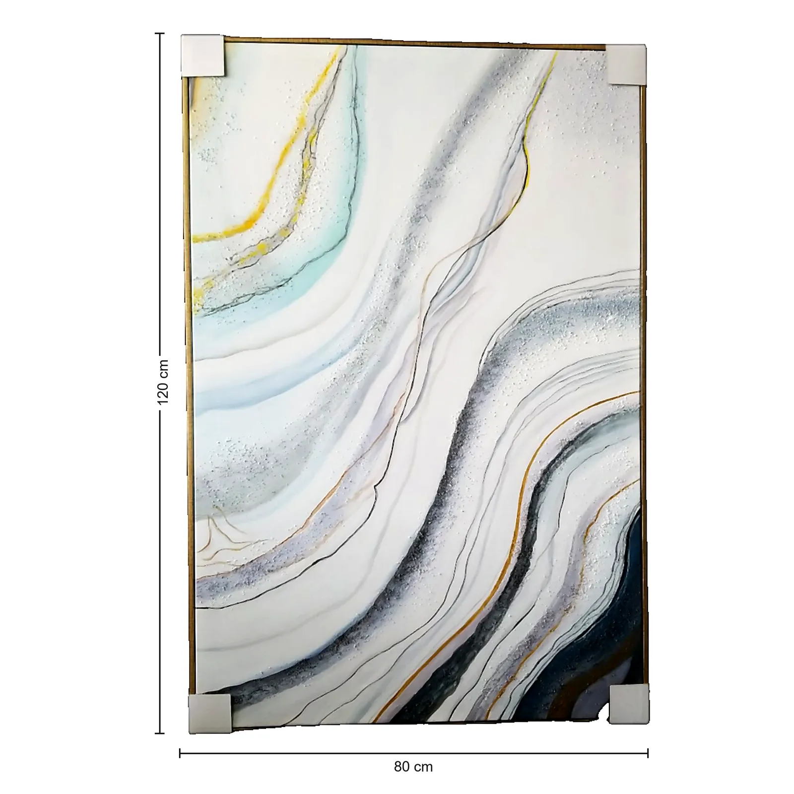 Cuadro abstracto marmoleado con marco, pintura de óleo hecho a mano, Azul y dorado (80*120cm)