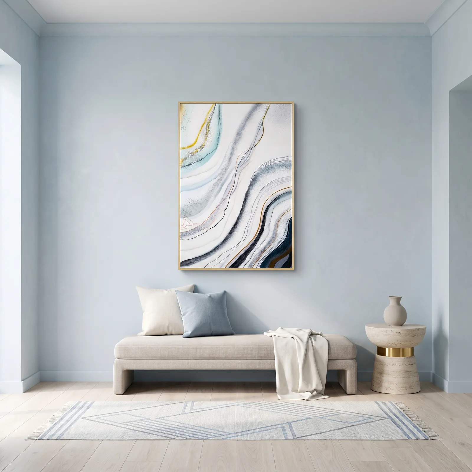 Cuadro abstracto marmoleado con marco, pintura de óleo hecho a mano, Azul y dorado (80*120cm)