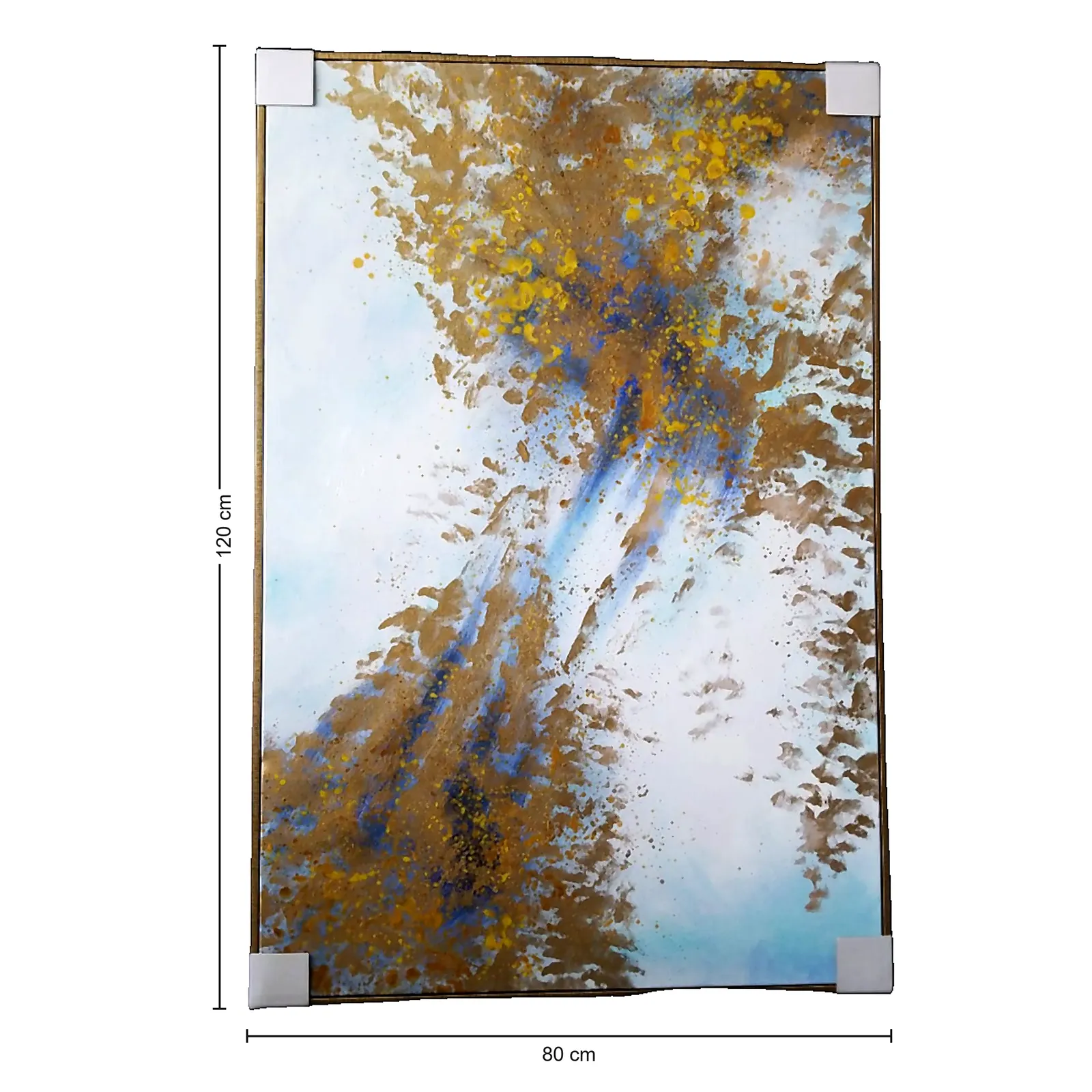 Cuadro abstracto marco, pintura de óleo hecho a mano, Celeste y dorado (80*120cm)