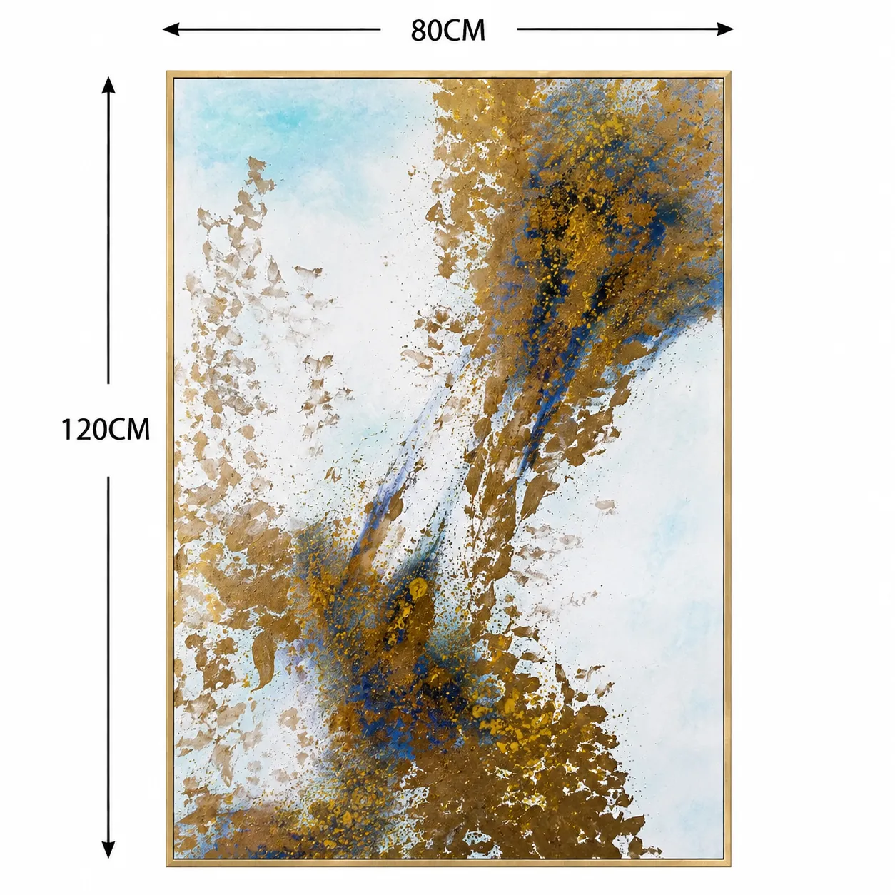 Cuadro abstracto marco, pintura de óleo hecho a mano, Celeste y dorado (80*120cm)