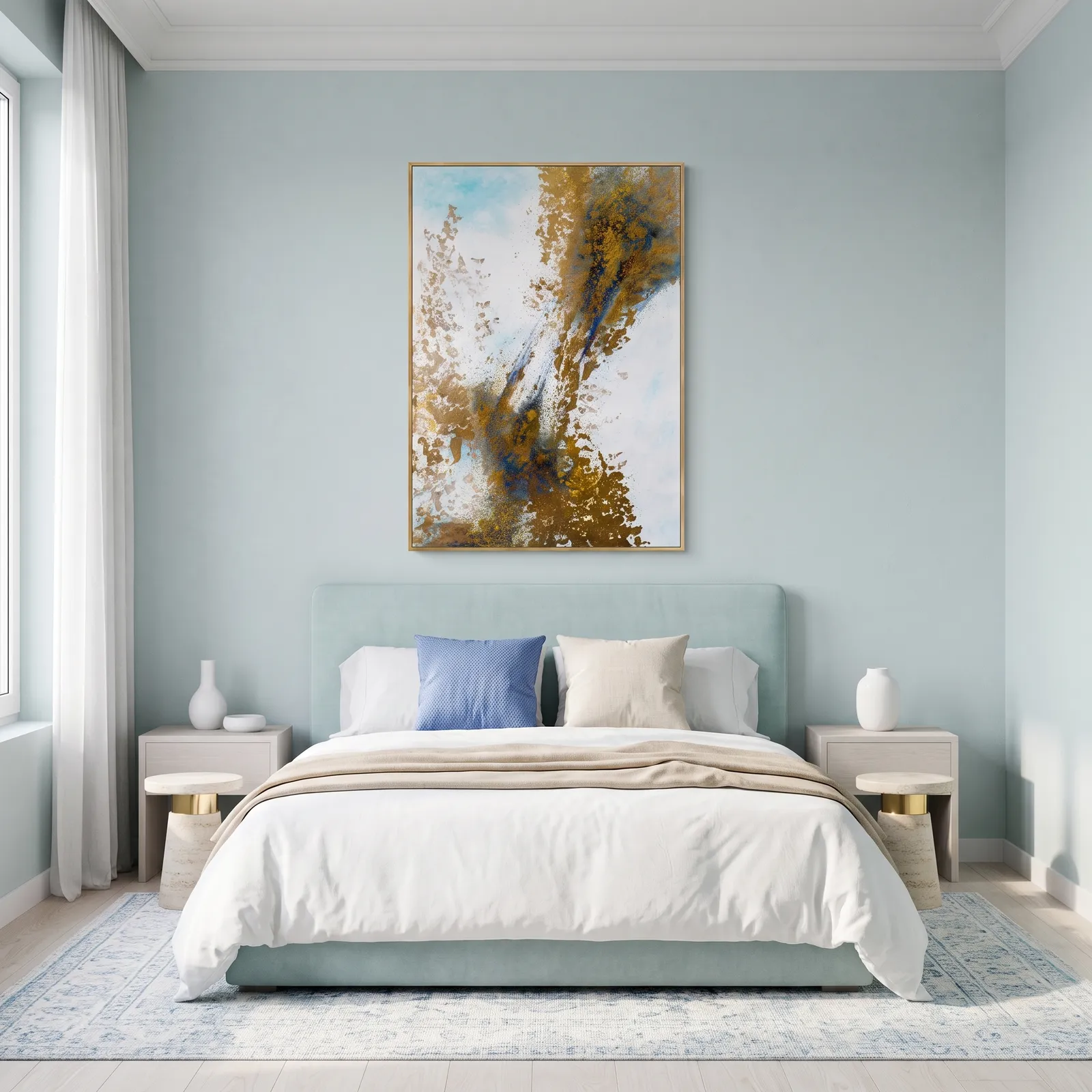 Cuadro abstracto marco, pintura de óleo hecho a mano, Celeste y dorado (80*120cm)
