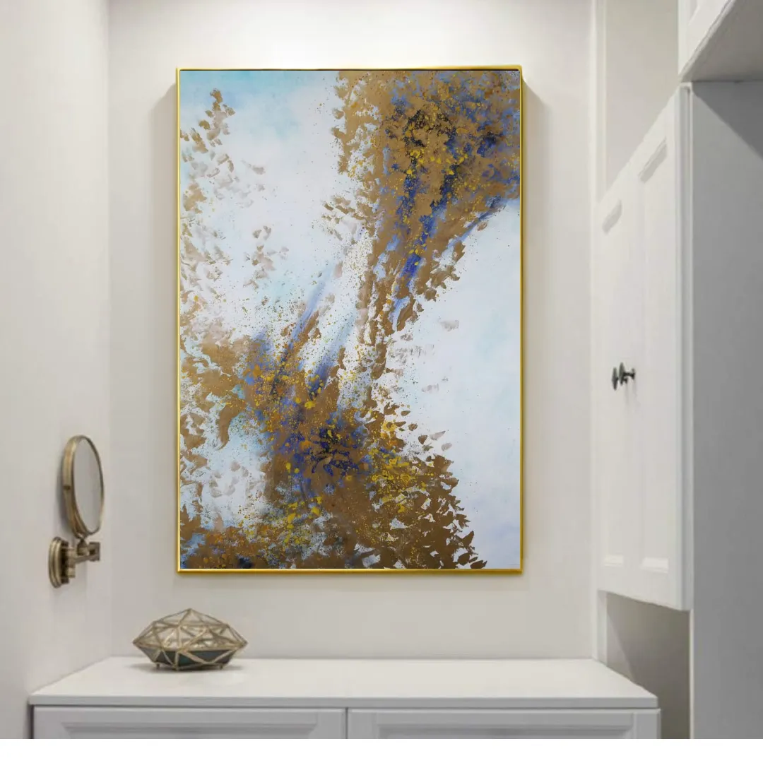 Cuadro abstracto marco, pintura de óleo hecho a mano, Celeste y dorado (80*120cm)