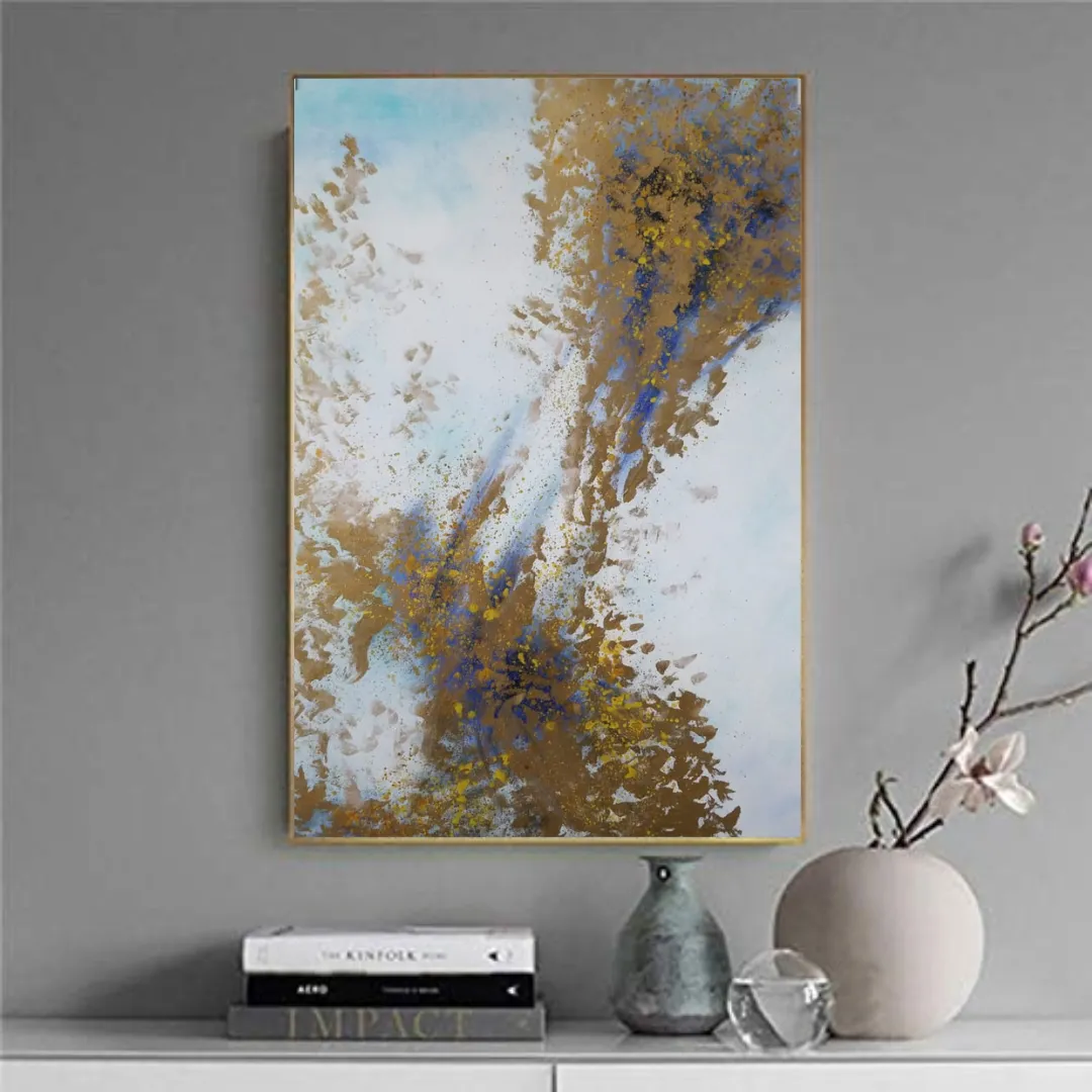 Cuadro abstracto marco, pintura de óleo hecho a mano, Celeste y dorado (80*120cm)