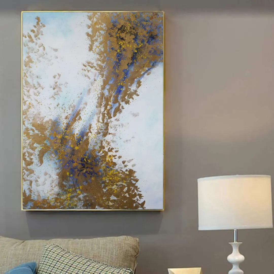 Cuadro abstracto marco, pintura de óleo hecho a mano, Celeste y dorado (80*120cm)