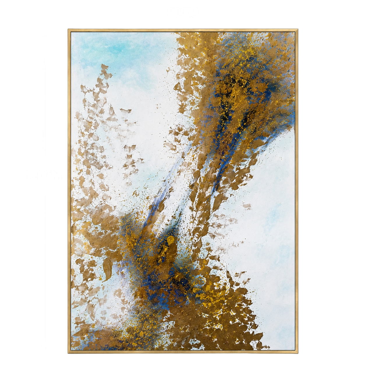 Cuadro abstracto marco, pintura de óleo hecho a mano, Celeste y dorado (80*120cm)