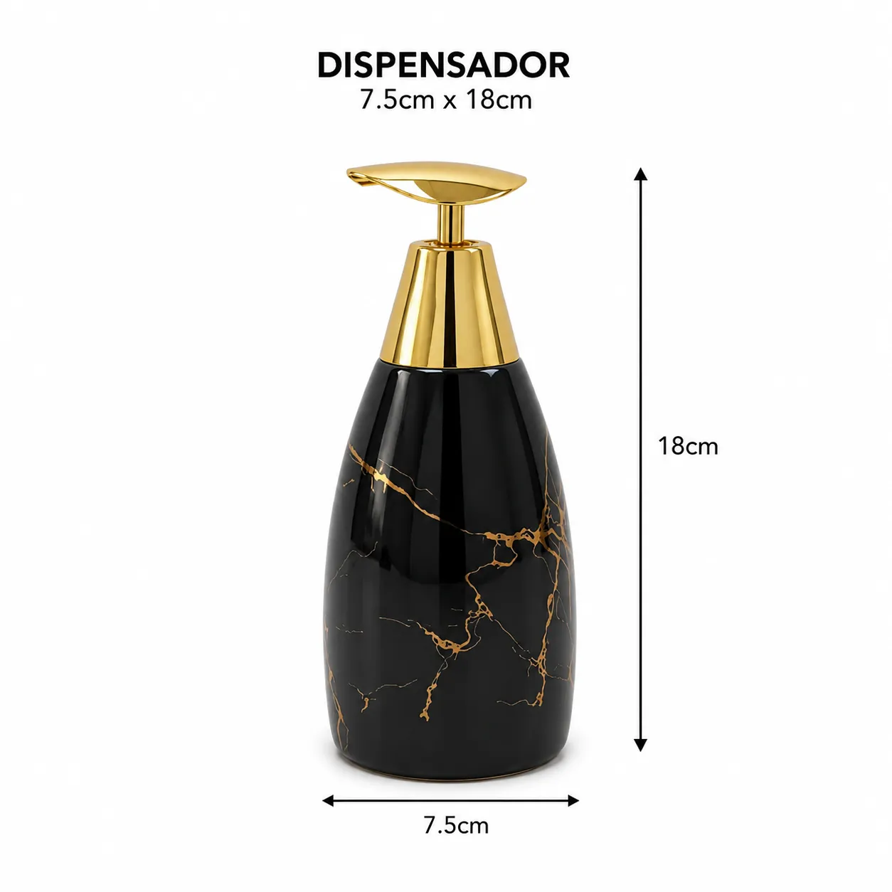 Dispensador de jabón marmoleado, Negro y dorado (7.5*18cm)