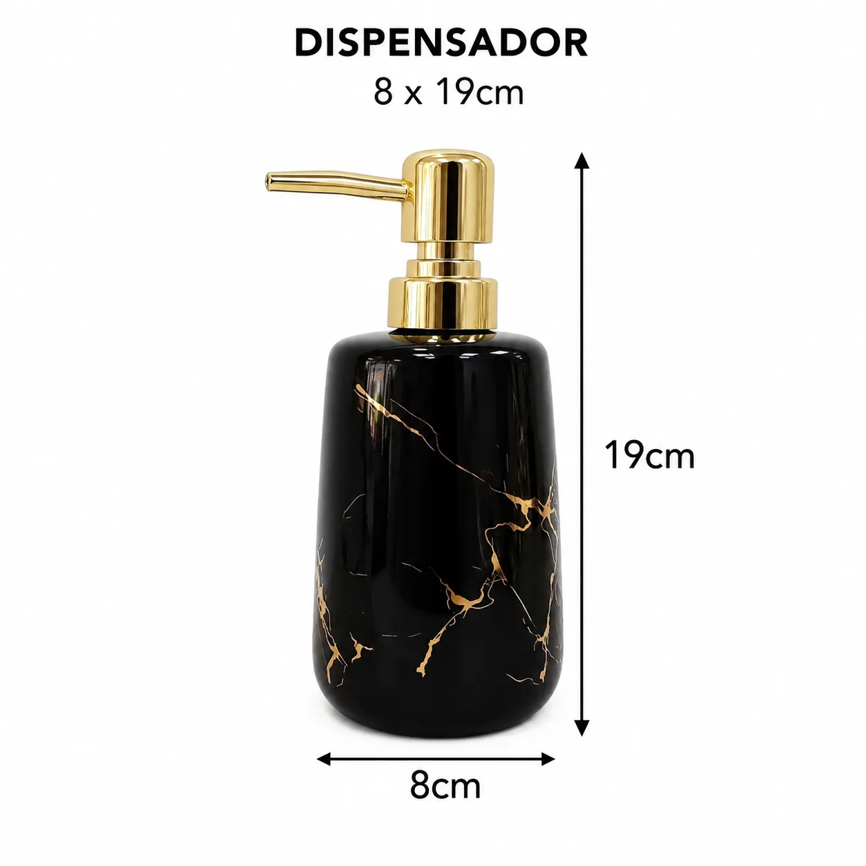 Dispensador de jabón marmoleado grande, Negro y dorado (8*19cm)