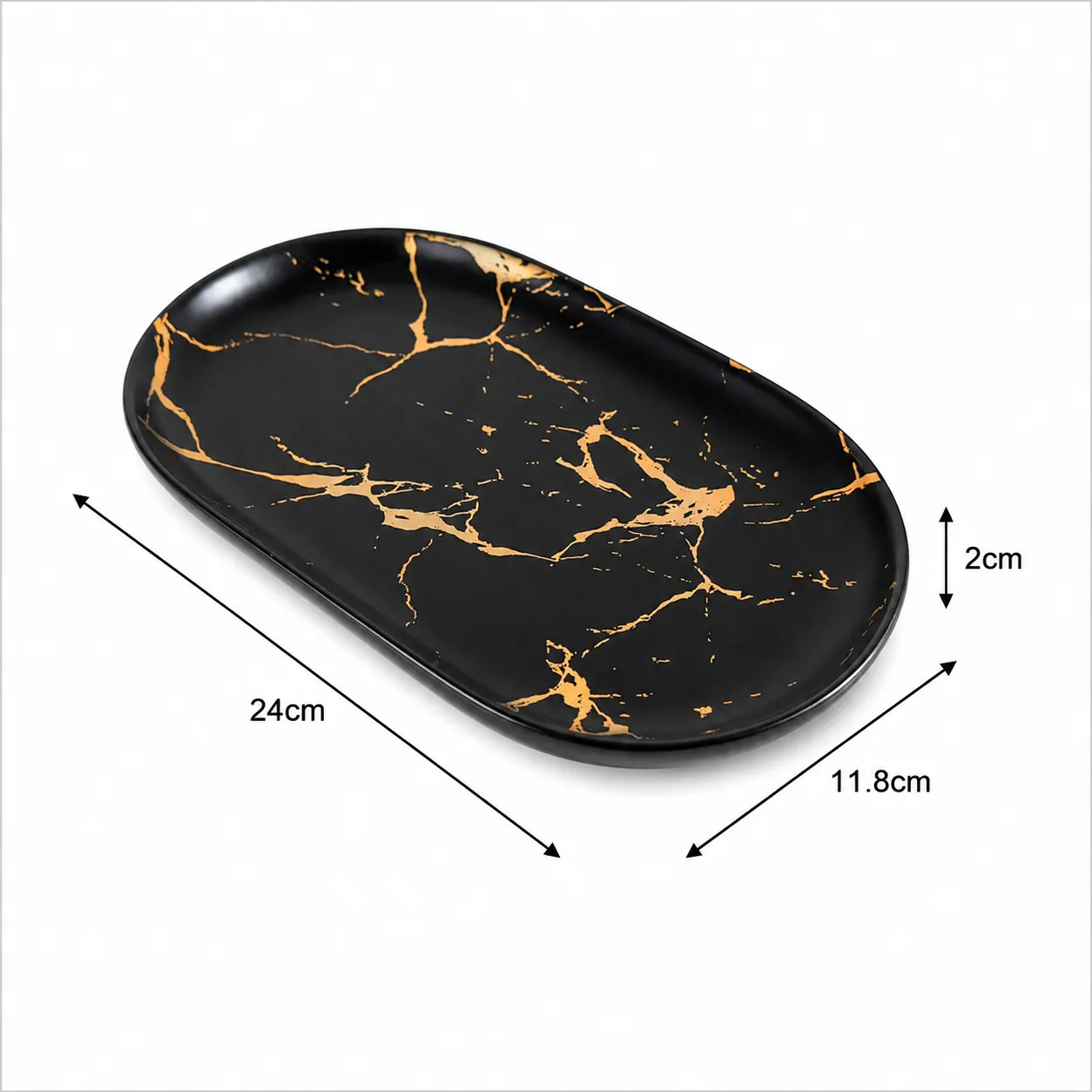 Plato decorativo ovalado de cerámica marmolada, Negro y dorado (24*11.8*2cm)