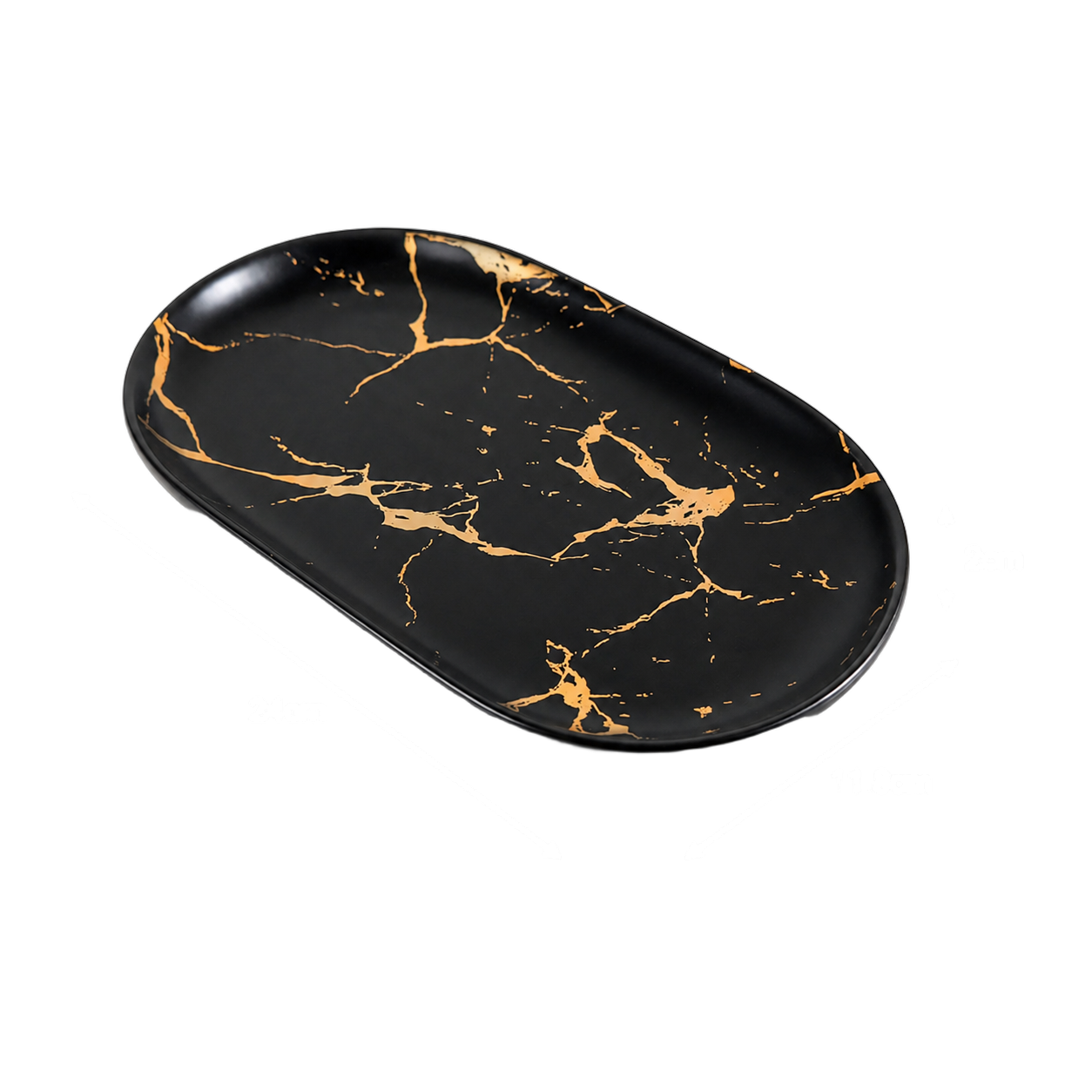 Plato decorativo ovalado de cerámica marmolada, Negro y dorado (24*11.8*2cm)