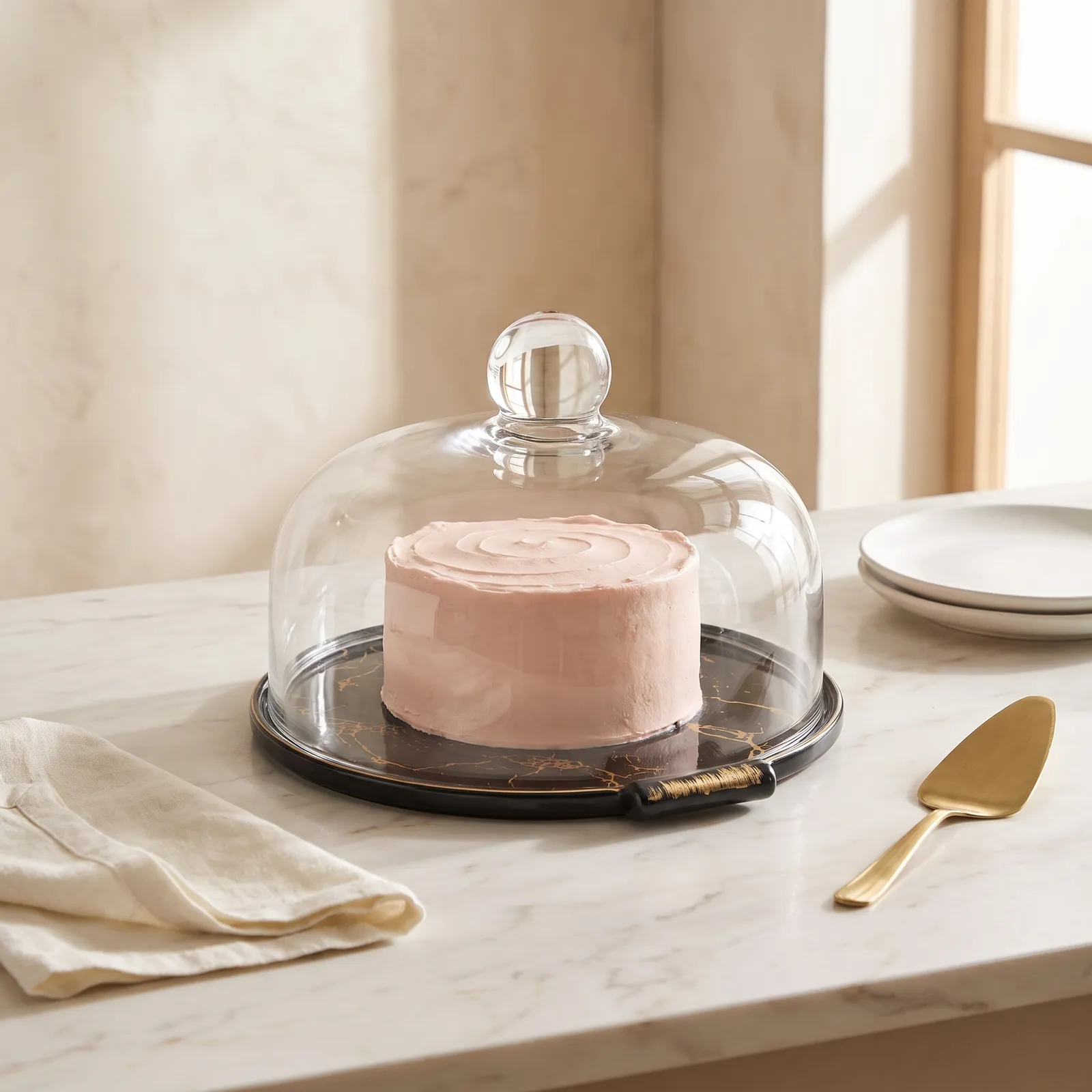 Porta torta de cerámica con cúpula, Negro (22.6*25.4cm)