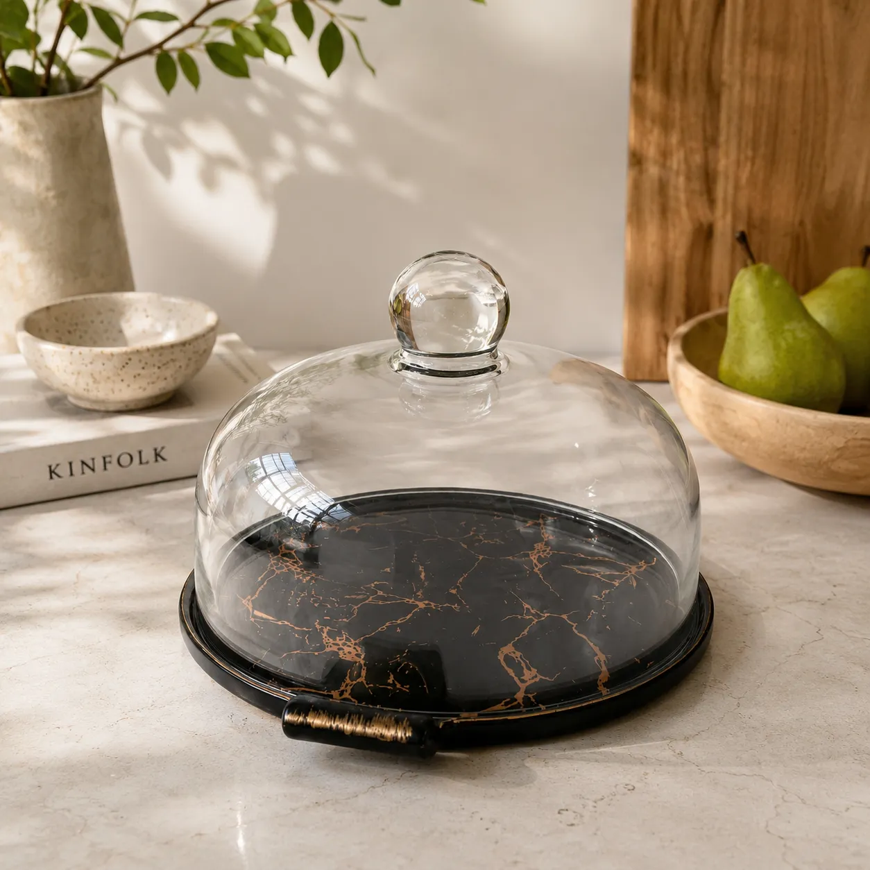 Porta torta de cerámica con cúpula, Negro (22.6*25.4cm)