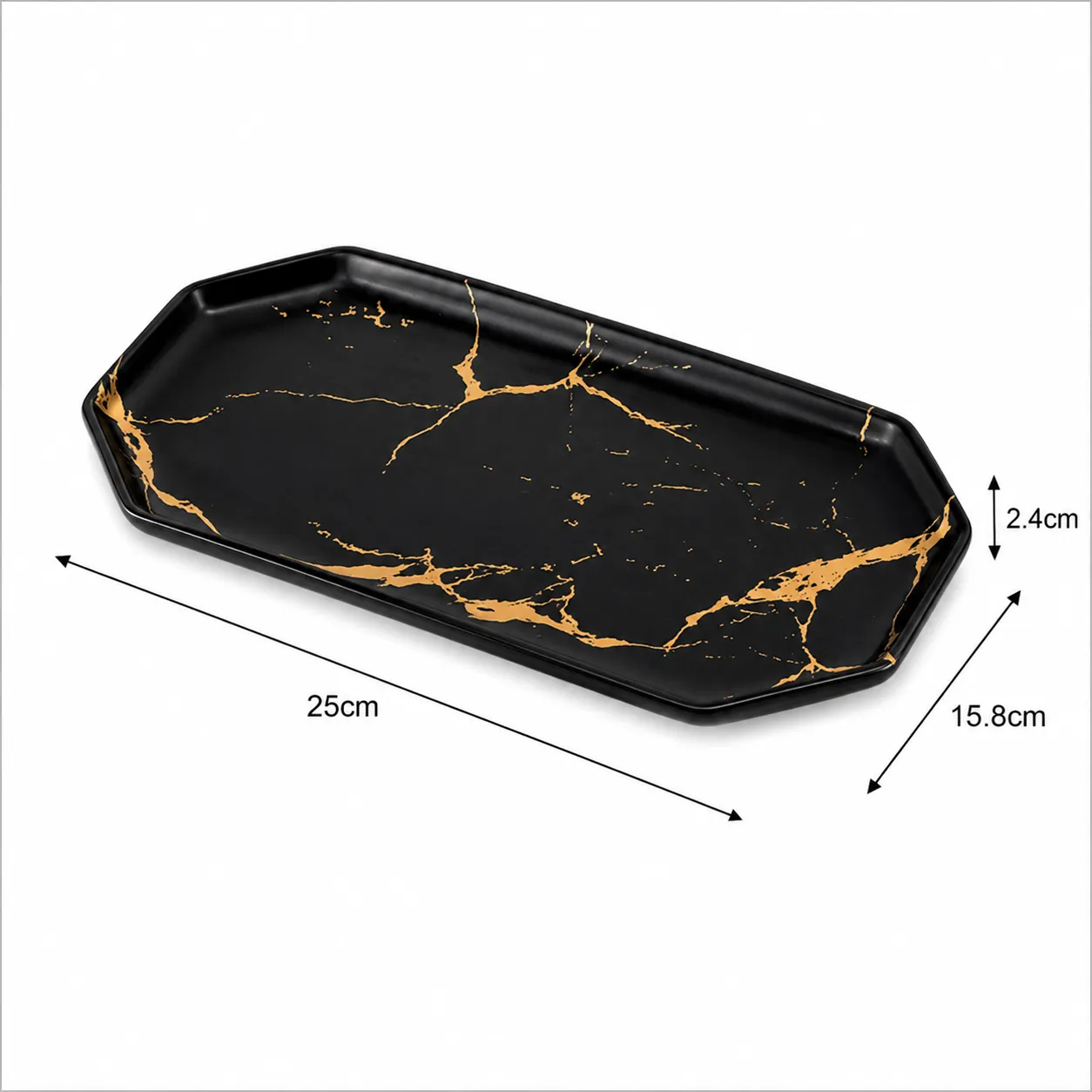 Bandeja rectangular de cerámica marmolada, Negro y dorado (25*15.8*2.4cm)