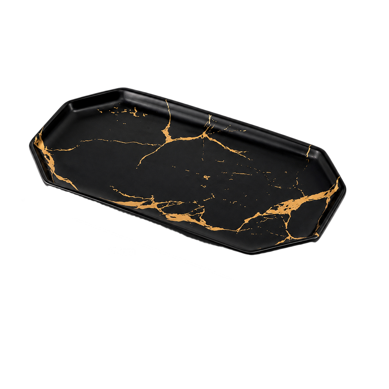 Bandeja rectangular de cerámica marmolada, Negro y dorado (25*15.8*2.4cm)