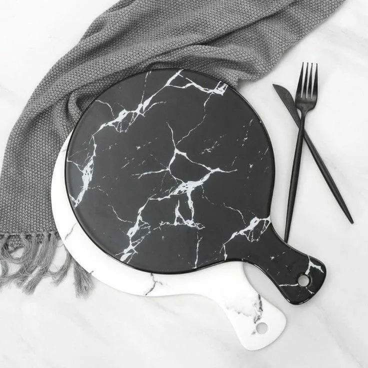 Tabla de servir redonda con mango de cerámica marmolada, Negro (36*25.5*0.7cm)