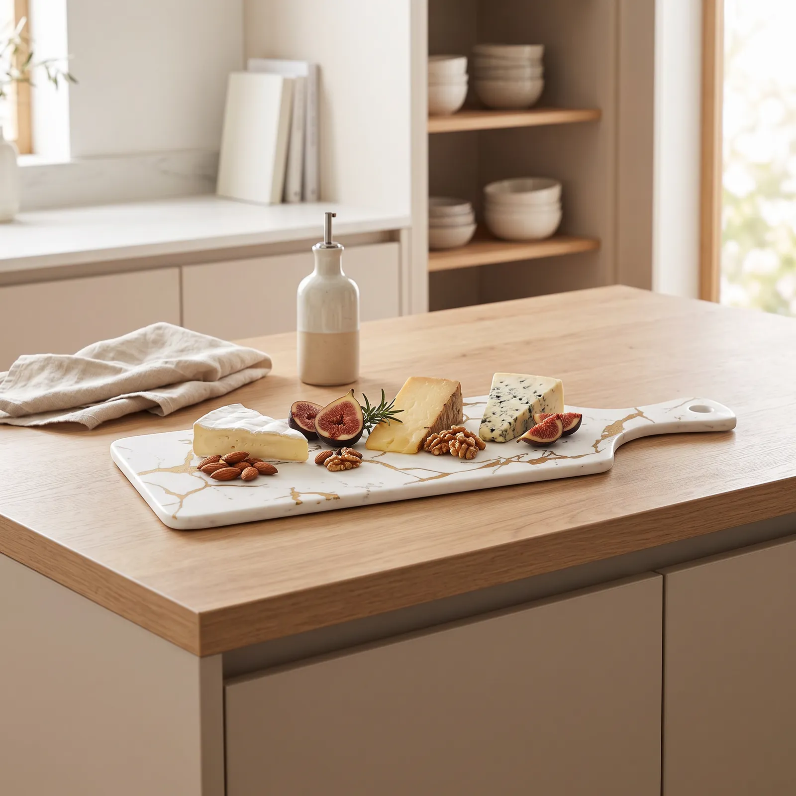 Tabla de servir alargada con mango de cerámica marmolada, Blanco (44.4*14.7*0.7cm)