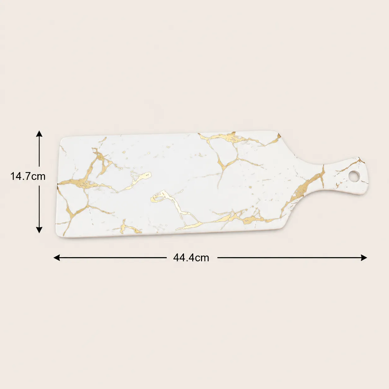 Tabla de servir alargada con mango de cerámica marmolada, Blanco (44.4*14.7*0.7cm)