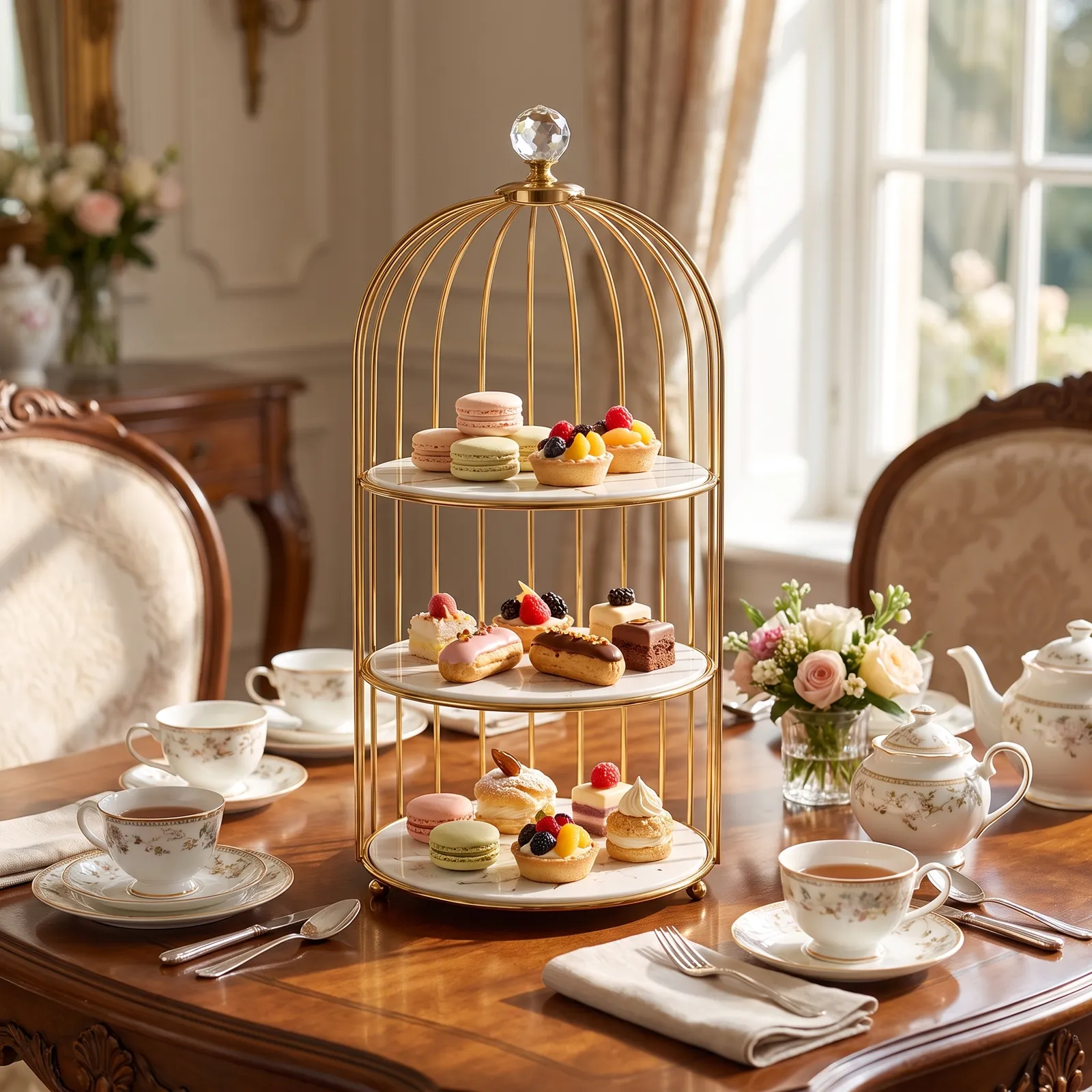 Soporte de postres tres niveles estilo jaula, Blanco y dorado (21*45cm)