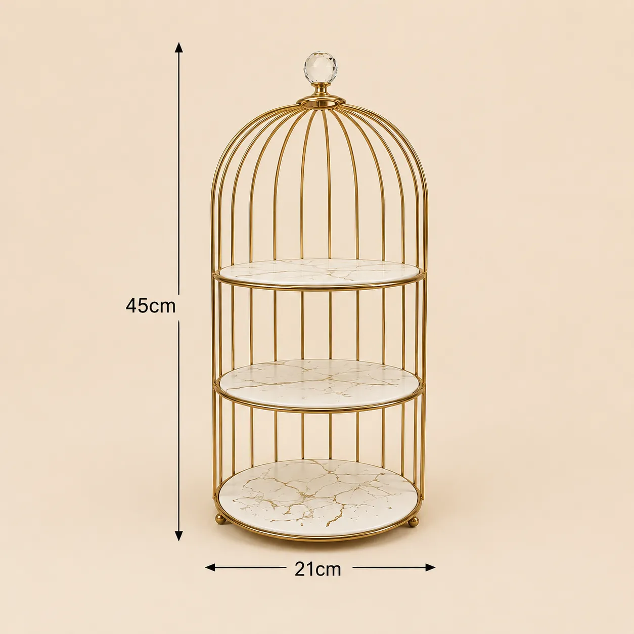 Soporte de postres tres niveles estilo jaula, Blanco y dorado (21*45cm)