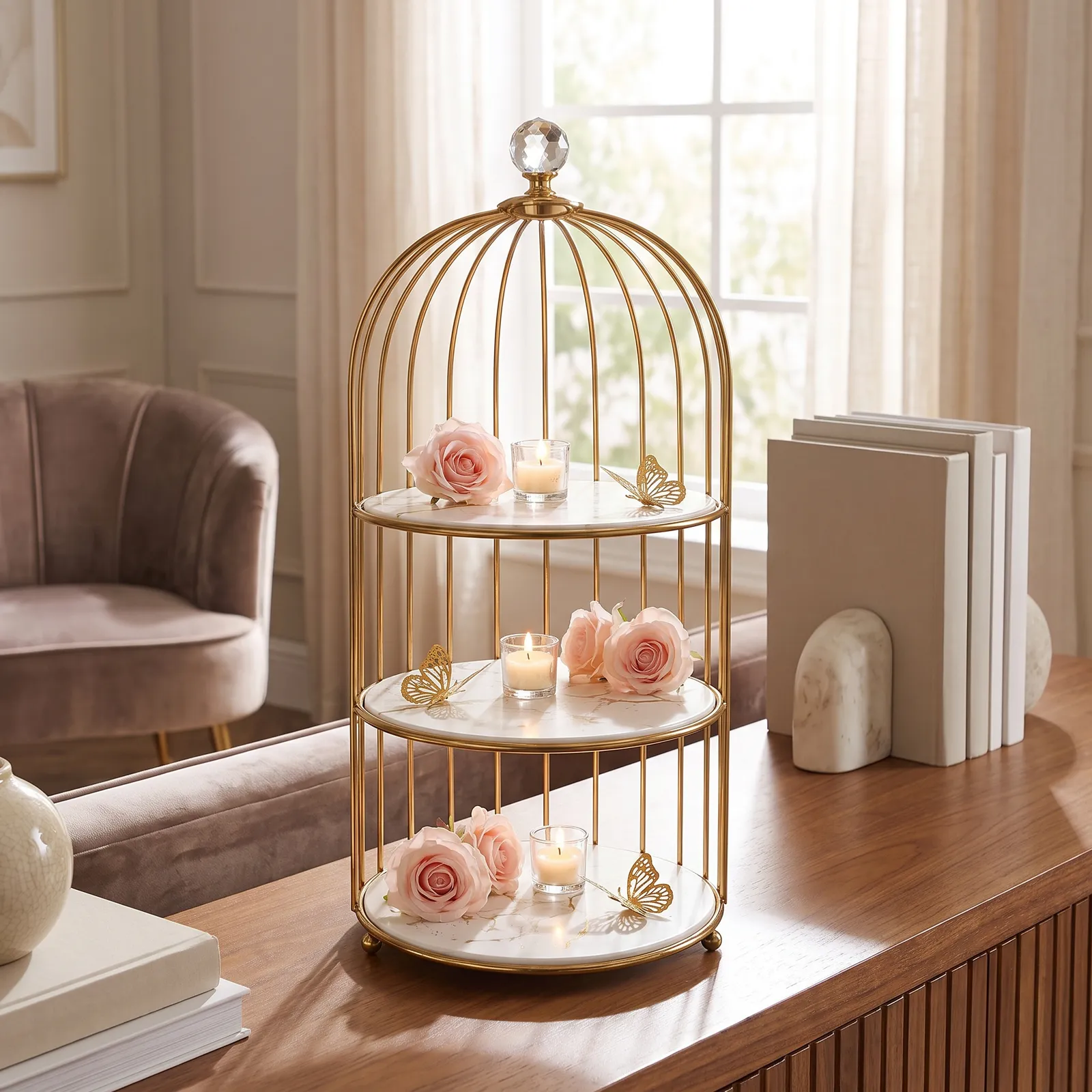 Soporte de postres tres niveles estilo jaula, Blanco y dorado (21*45cm)