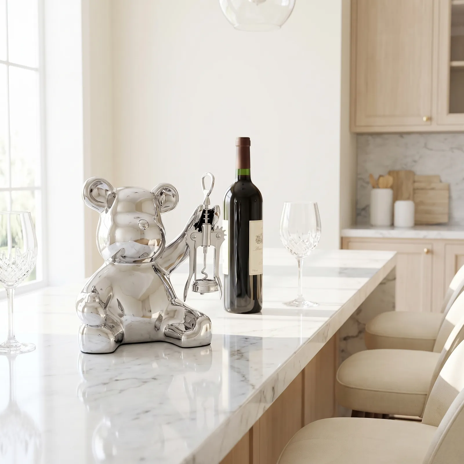 Portabotellas adorno oso, Plateado (20*15*21cm)