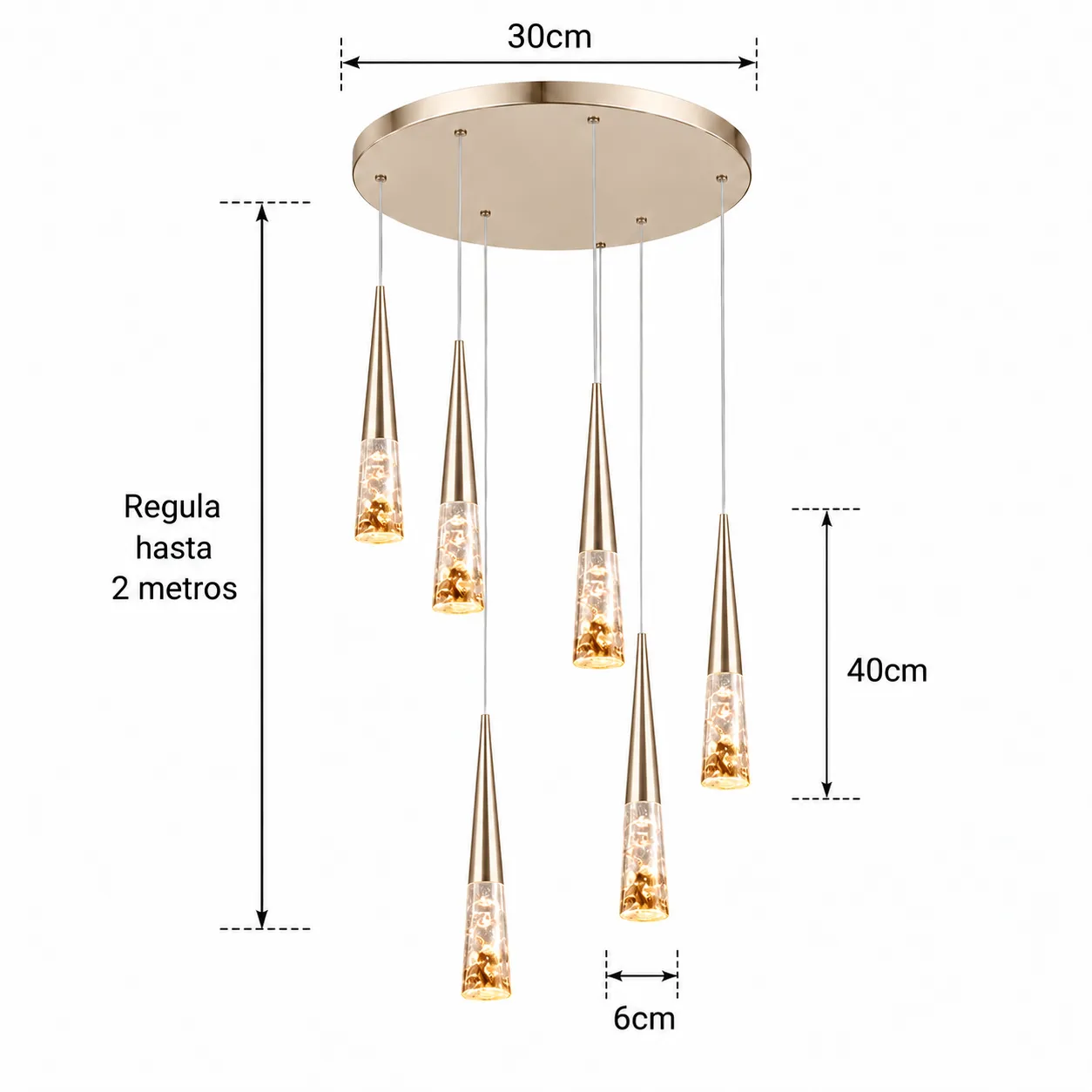 Lámpara colgante lineal cascada 6 luces, French Gold (30*Regula 200cm, 30W) (6 tubos led 6*40cm) (Circuito LED integrado, temperatura de luz: cálida 3000K, vida útil 25000 horas)