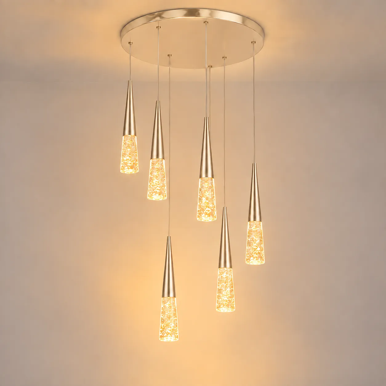 Lámpara colgante lineal cascada 6 luces, French Gold (30*Regula 200cm, 30W) (6 tubos led 6*40cm) (Circuito LED integrado, temperatura de luz: cálida 3000K, vida útil 25000 horas)