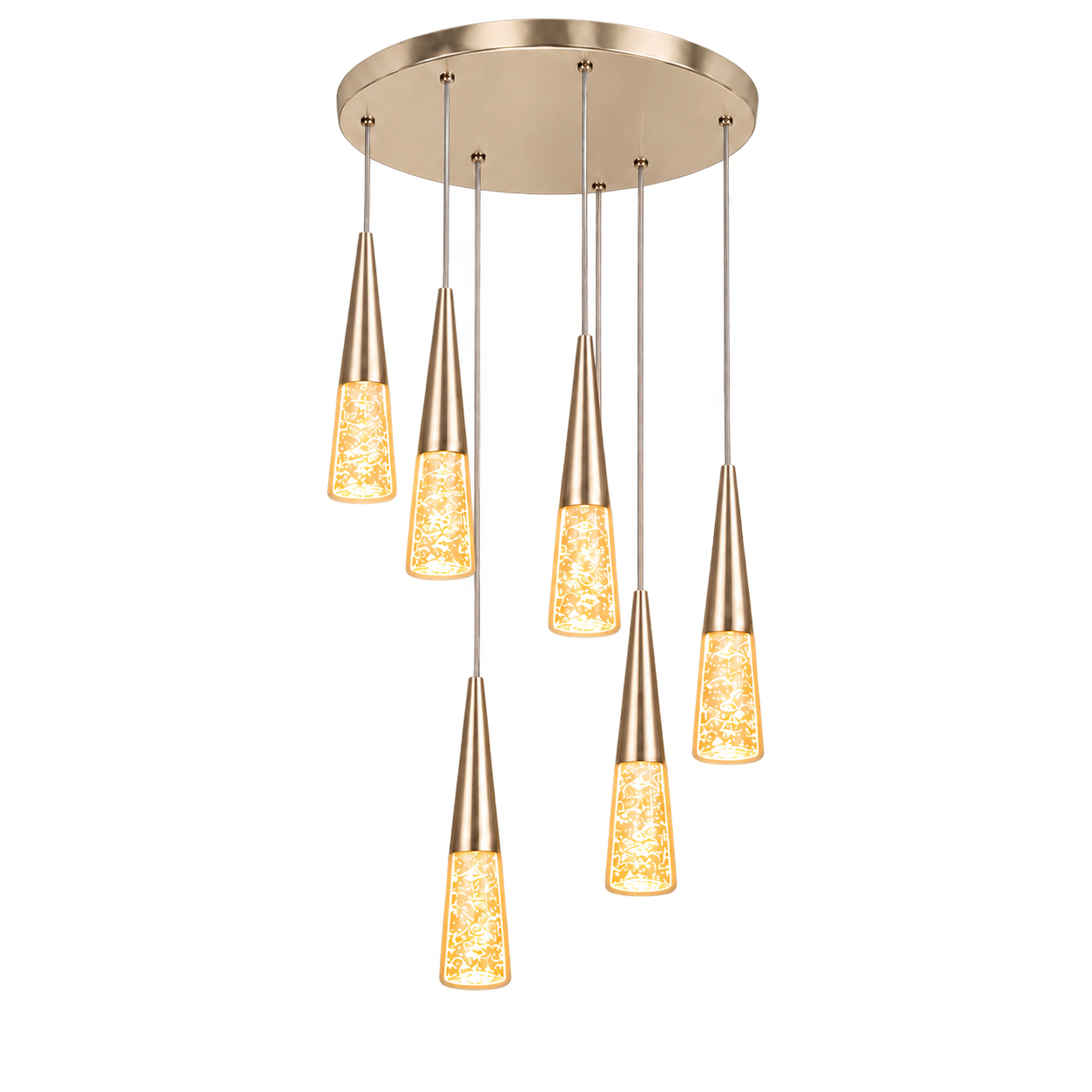 Lámpara colgante lineal cascada 6 luces, French Gold (30*Regula 200cm, 30W) (6 tubos led 6*40cm) (Circuito LED integrado, temperatura de luz: cálida 3000K, vida útil 25000 horas)