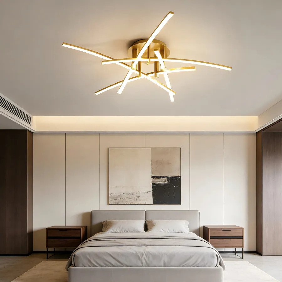 Lámpara de techo líneas cruzadas, Dorado (97*21cm, 45W) (Circuito LED integrado, 3 temperaturas de luz: cálida 3000K, neutra 4500K, blanca 6000K, vida útil 25000 horas)