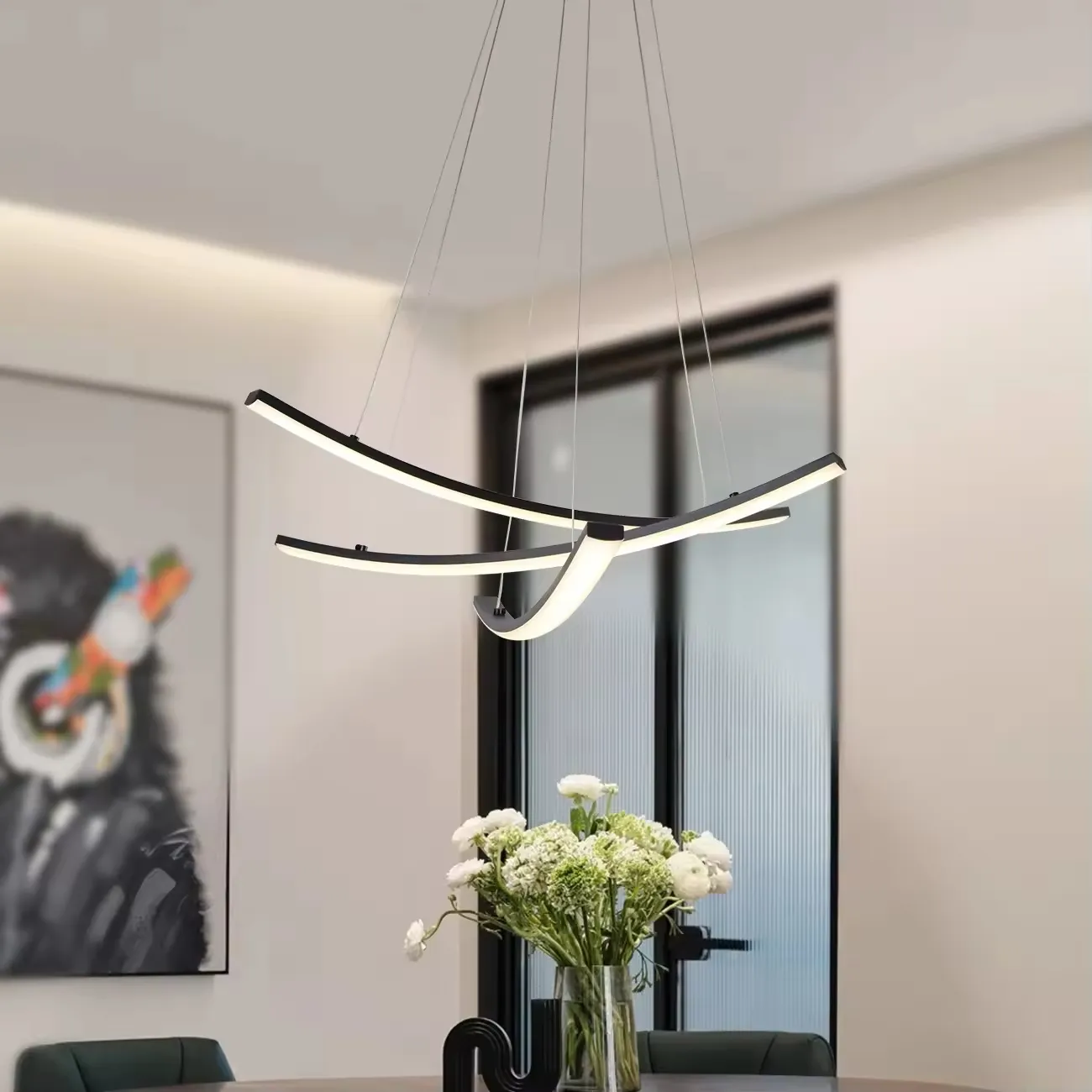 Lámpara colgante LED curva, Negro (60*Regula 120cm, 27W) (Circuito LED integrado, 3 temperaturas de luz: cálida 3000K, neutra 4500K, blanca 6000K, vida útil 25000 horas)