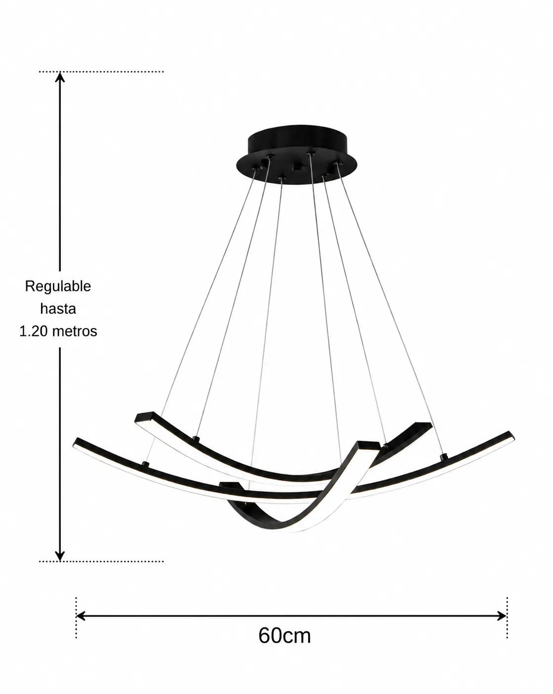 Lámpara colgante LED curva, Negro (60*Regula 120cm, 27W) (Circuito LED integrado, 3 temperaturas de luz: cálida 3000K, neutra 4500K, blanca 6000K, vida útil 25000 horas)