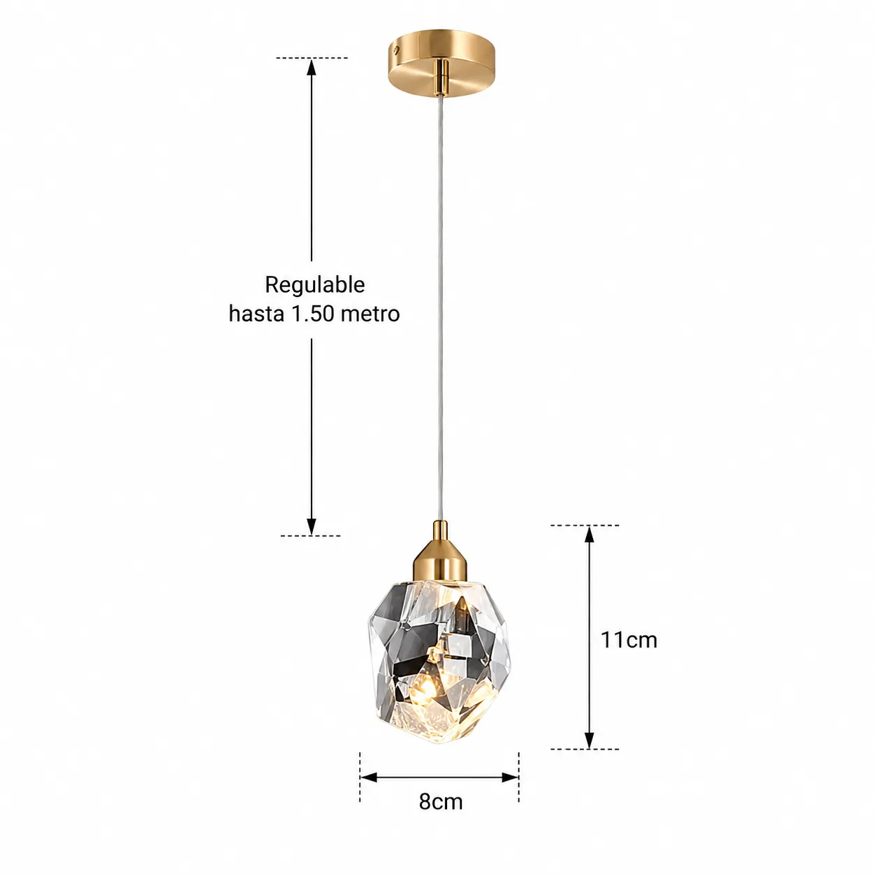 Lámpara colgante diamante de cristal pequeña, Dorado (8*11*Regula 150cm, 5W) (Circuito LED integrado, 3 temperaturas de luz: cálida 3000K, neutra 4500K, blanca 6000K, vida útil 25000 horas)