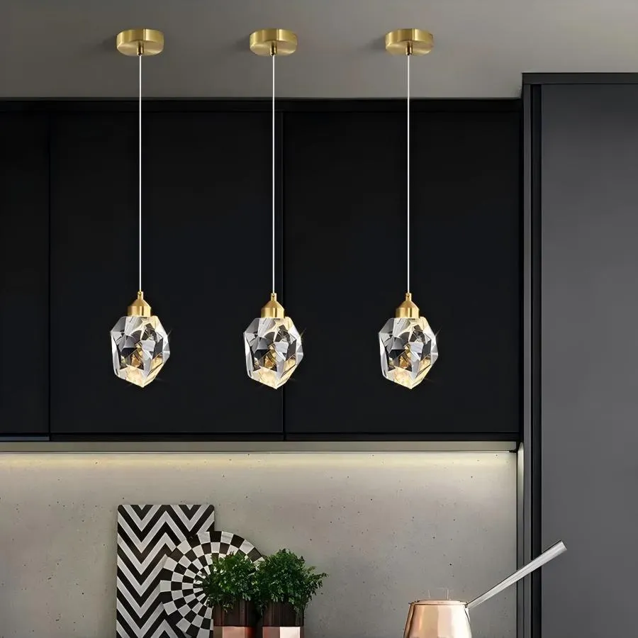 Lámpara colgante diamante de cristal pequeña, Dorado (8*11*Regula 150cm, 5W) (Circuito LED integrado, 3 temperaturas de luz: cálida 3000K, neutra 4500K, blanca 6000K, vida útil 25000 horas)