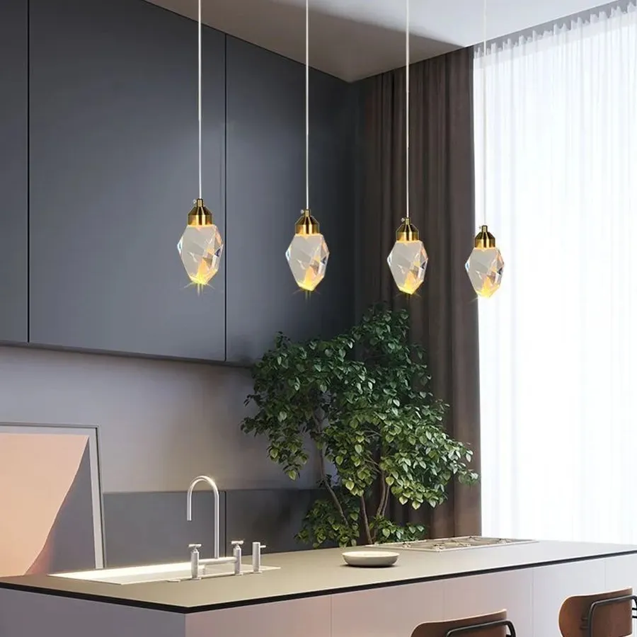 Lámpara colgante diamante de cristal pequeña, Dorado (8*11*Regula 150cm, 5W) (Circuito LED integrado, 3 temperaturas de luz: cálida 3000K, neutra 4500K, blanca 6000K, vida útil 25000 horas)