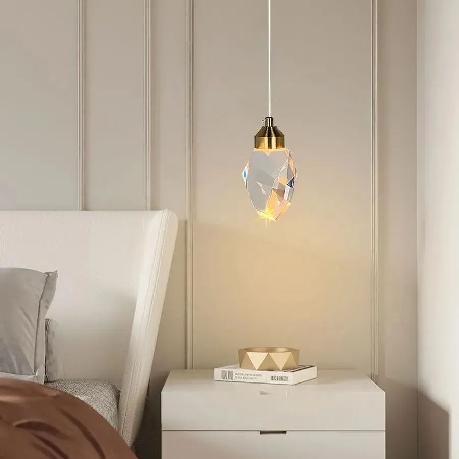 Lámpara colgante diamante de cristal pequeña, Dorado (8*11*Regula 150cm, 5W) (Circuito LED integrado, 3 temperaturas de luz: cálida 3000K, neutra 4500K, blanca 6000K, vida útil 25000 horas)