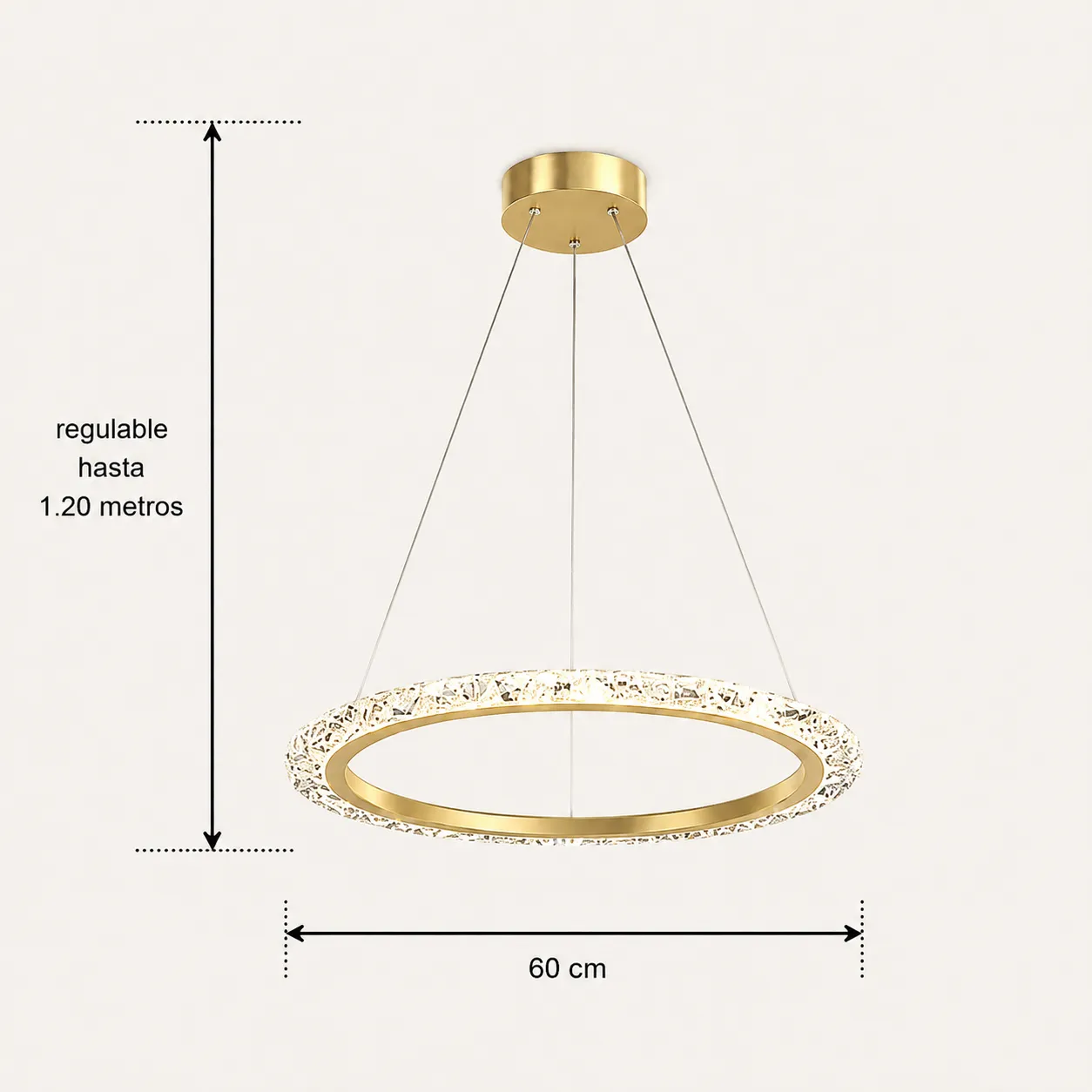 Lámpara colgante aro LED, Dorado (60*Regula 120cm,36W) (Circuito LED integrado, 3 temperaturas de luz: cálida 3000K, neutra 4500K, blanca 6000K, vida útil 25000 horas)