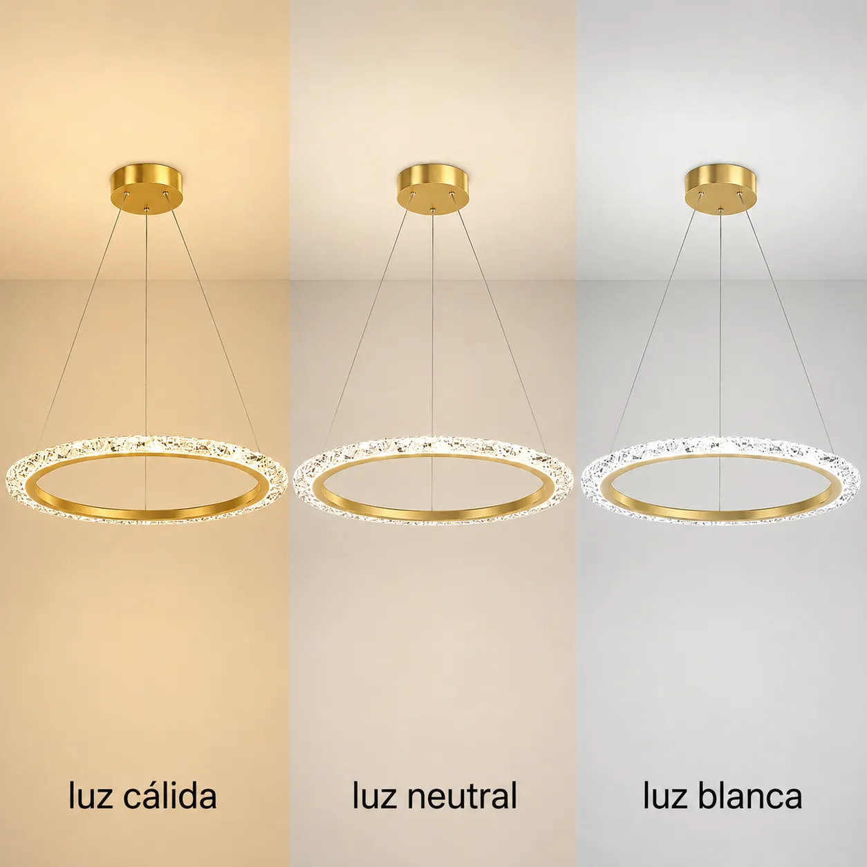 Lámpara colgante aro LED, Dorado (60*Regula 120cm,36W) (Circuito LED integrado, 3 temperaturas de luz: cálida 3000K, neutra 4500K, blanca 6000K, vida útil 25000 horas)