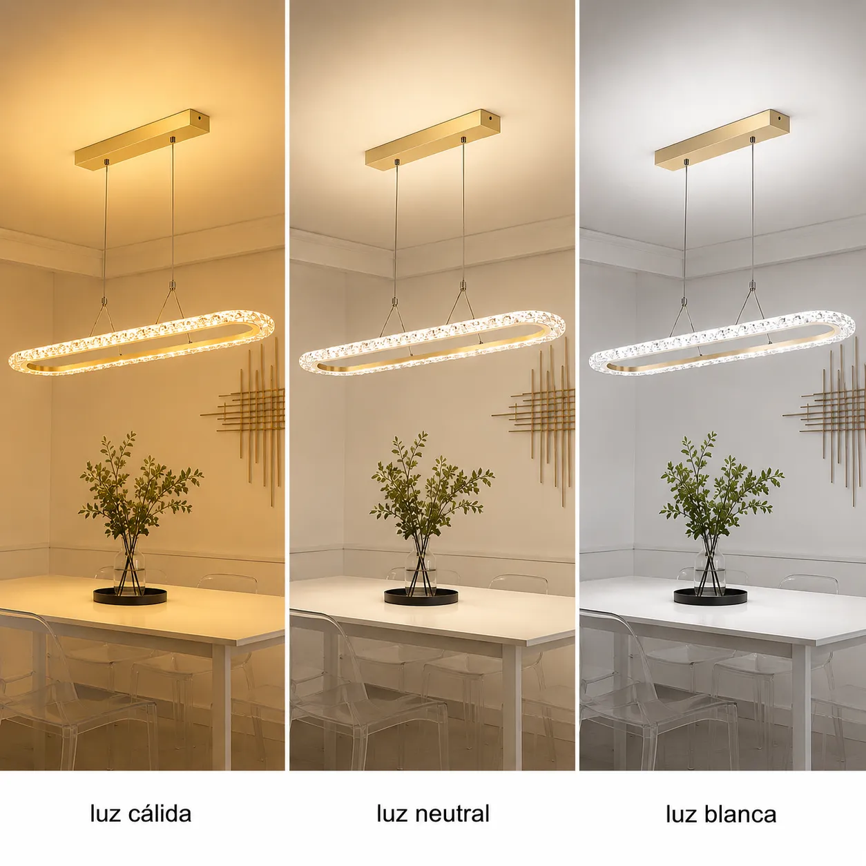 Lámpara colgante ovalada LED, Dorado (100*Regula 120cm, 48W) (Circuito LED integrado, 3 temperaturas de luz: cálida 3000K, neutra 4500K, blanca 6000K, vida útil 25000 horas)