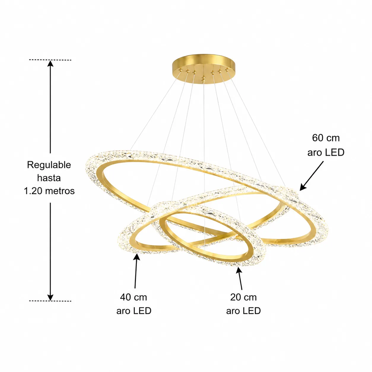 Lámpara colgante aros anidados LED, Dorado (60*120cm,76W) (Circuito LED integrado, 3 temperaturas de luz: cálida 3000K, neutra 4500K, blanca 6000K, vida útil 25000 horas)