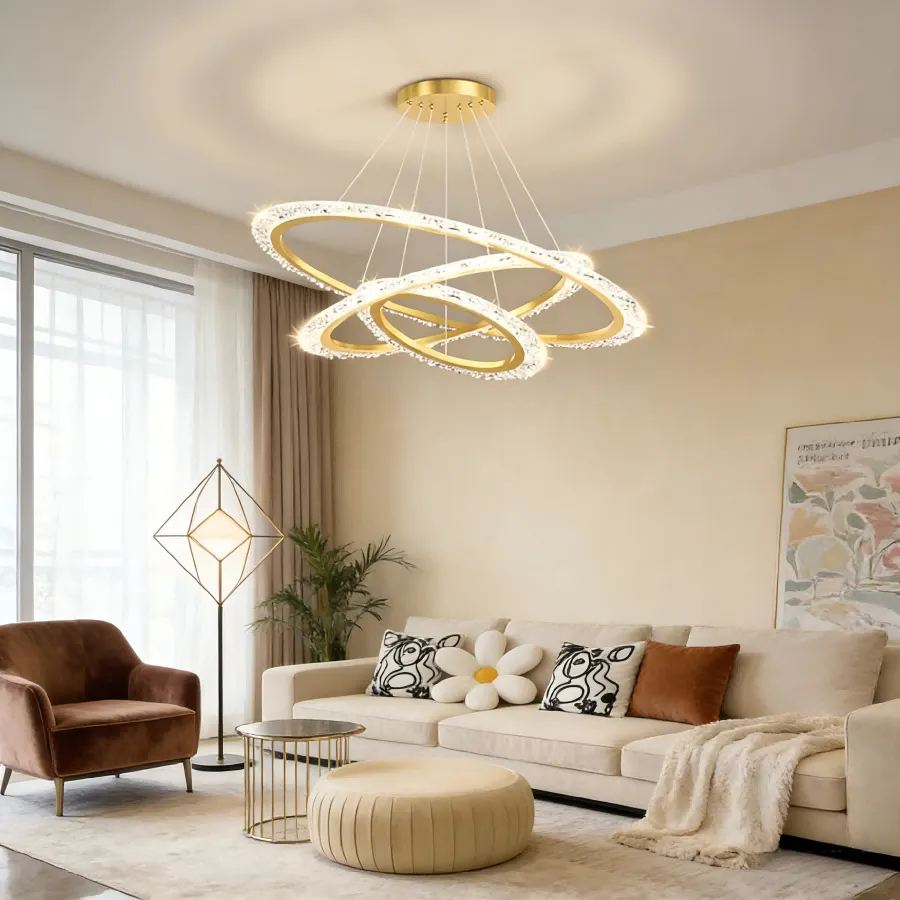Lámpara colgante aros anidados LED, Dorado (60*120cm,76W) (Circuito LED integrado, 3 temperaturas de luz: cálida 3000K, neutra 4500K, blanca 6000K, vida útil 25000 horas)