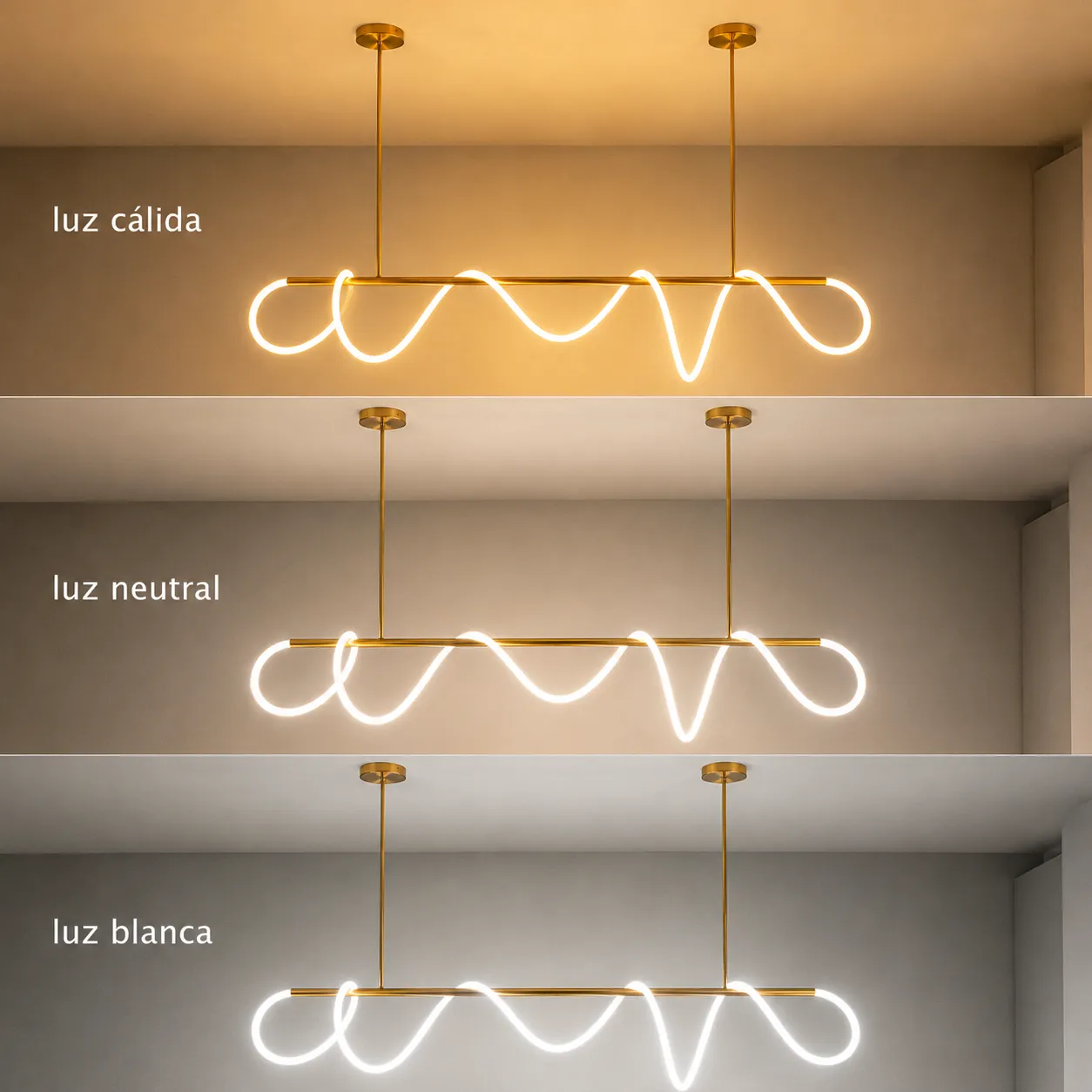 Lámpara colgante ondas múltiples LED, Dorado (120*30cm, 36W) (Circuito LED integrado, 3 temperaturas de luz: cálida 3000K, neutra 4500K, blanca 6000K, vida útil 25000 horas)