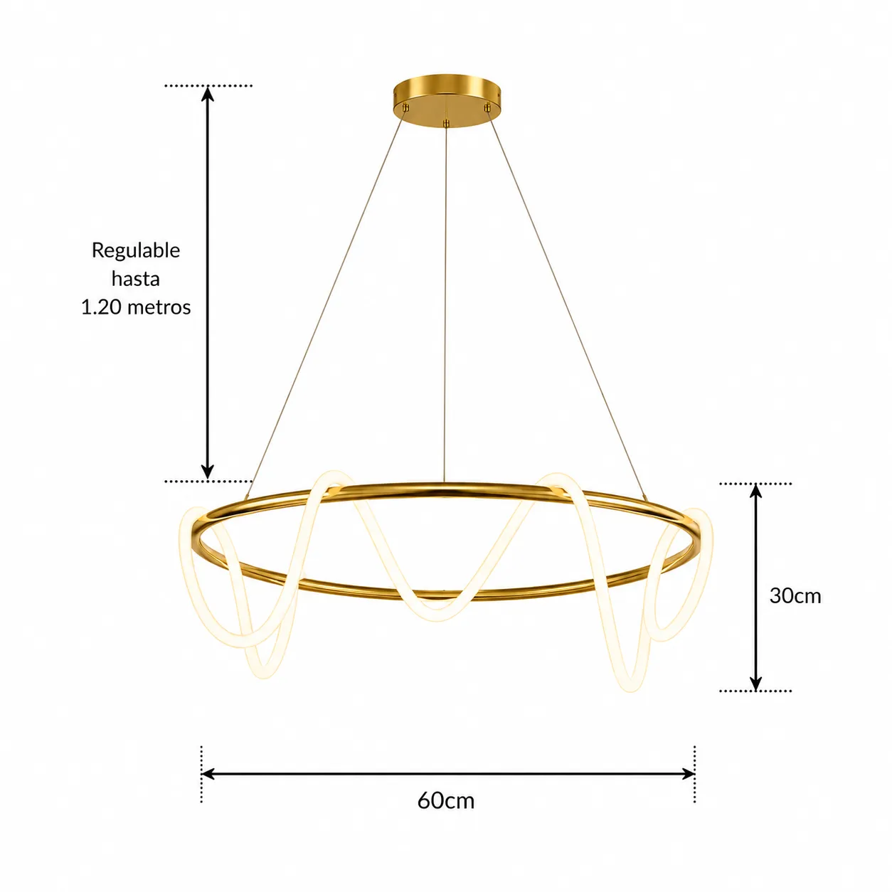 Lámpara colgante aro ondulado LED, Dorado (60*Regula 120cm, 36W) (Circuito LED integrado, 3 temperaturas de luz: cálida 3000K, neutra 4500K, blanca 6000K, vida útil 25000 horas)
