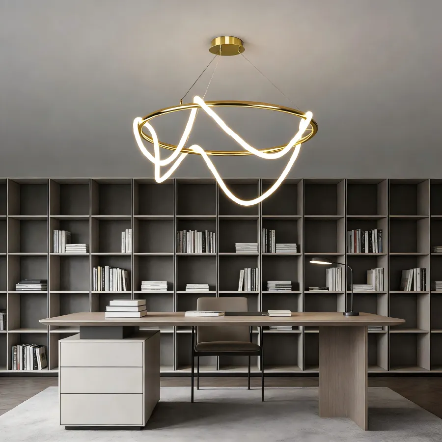 Lámpara colgante aro ondulado LED, Dorado (60*Regula 120cm, 36W) (Circuito LED integrado, 3 temperaturas de luz: cálida 3000K, neutra 4500K, blanca 6000K, vida útil 25000 horas)