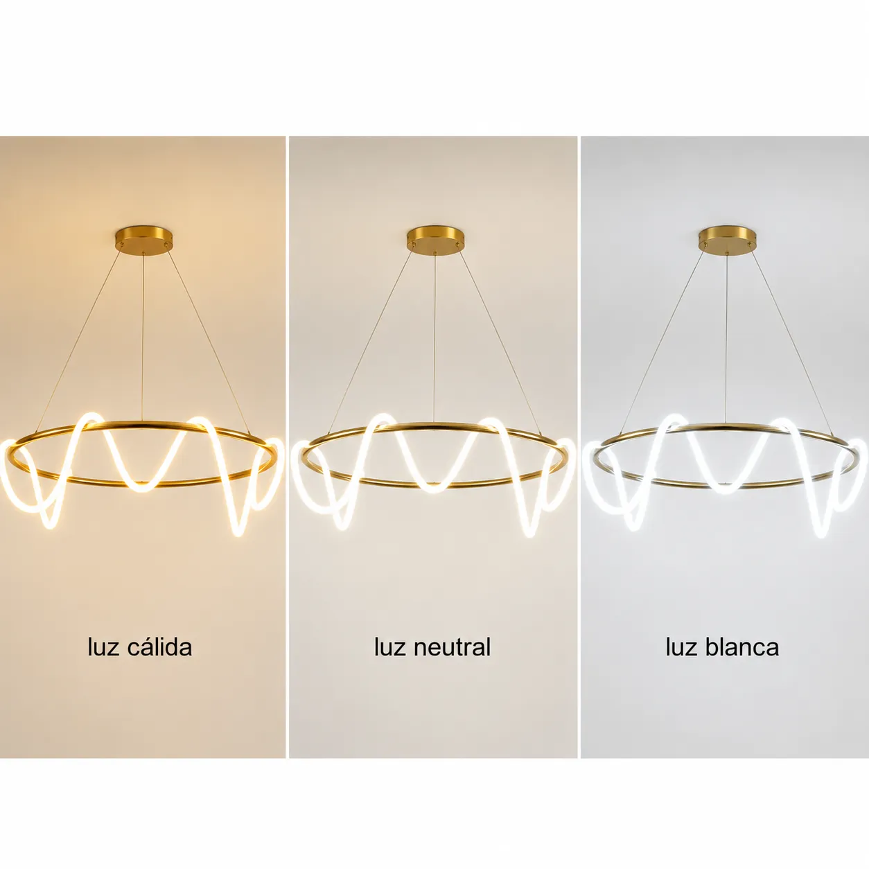 Lámpara colgante aro ondulado LED, Dorado (60*Regula 120cm, 36W) (Circuito LED integrado, 3 temperaturas de luz: cálida 3000K, neutra 4500K, blanca 6000K, vida útil 25000 horas)