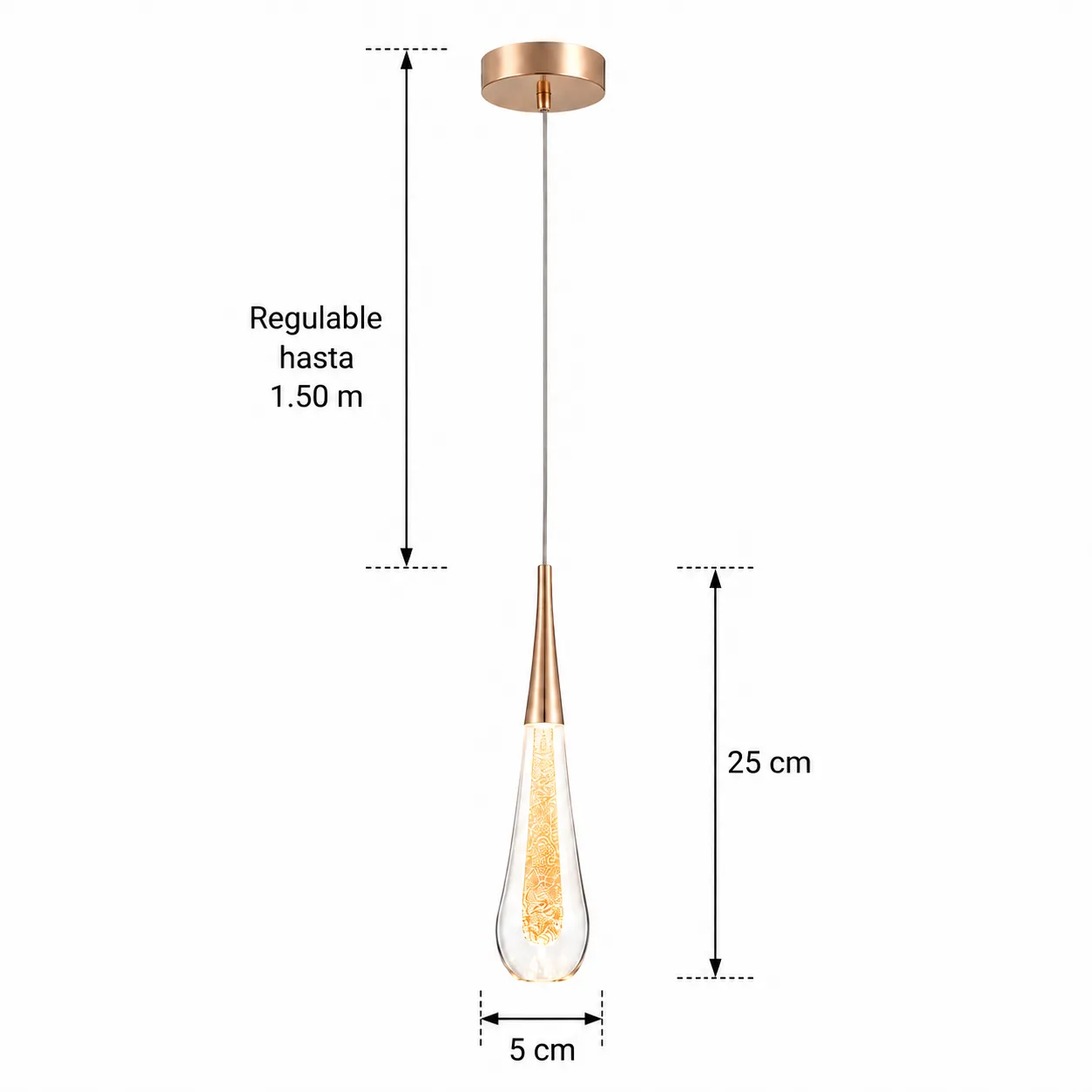 Lámpara colgante gota de cristal, French Gold (5*25*Regula 150cm, 5W) (Circuito LED integrado, 3 temperaturas de luz: cálida 3000K, neutra 4500K, blanca 6000K, vida útil 25000 horas)